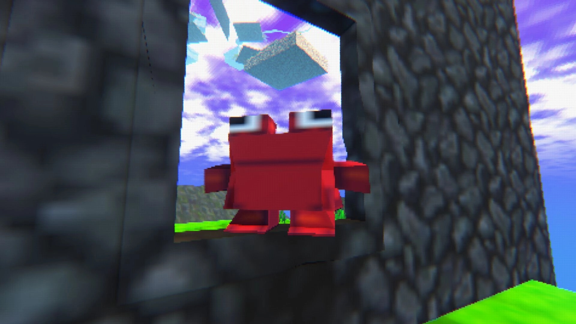 SEMP 64: Red block character standing on stone ledge with floating islands in cloudy sky background