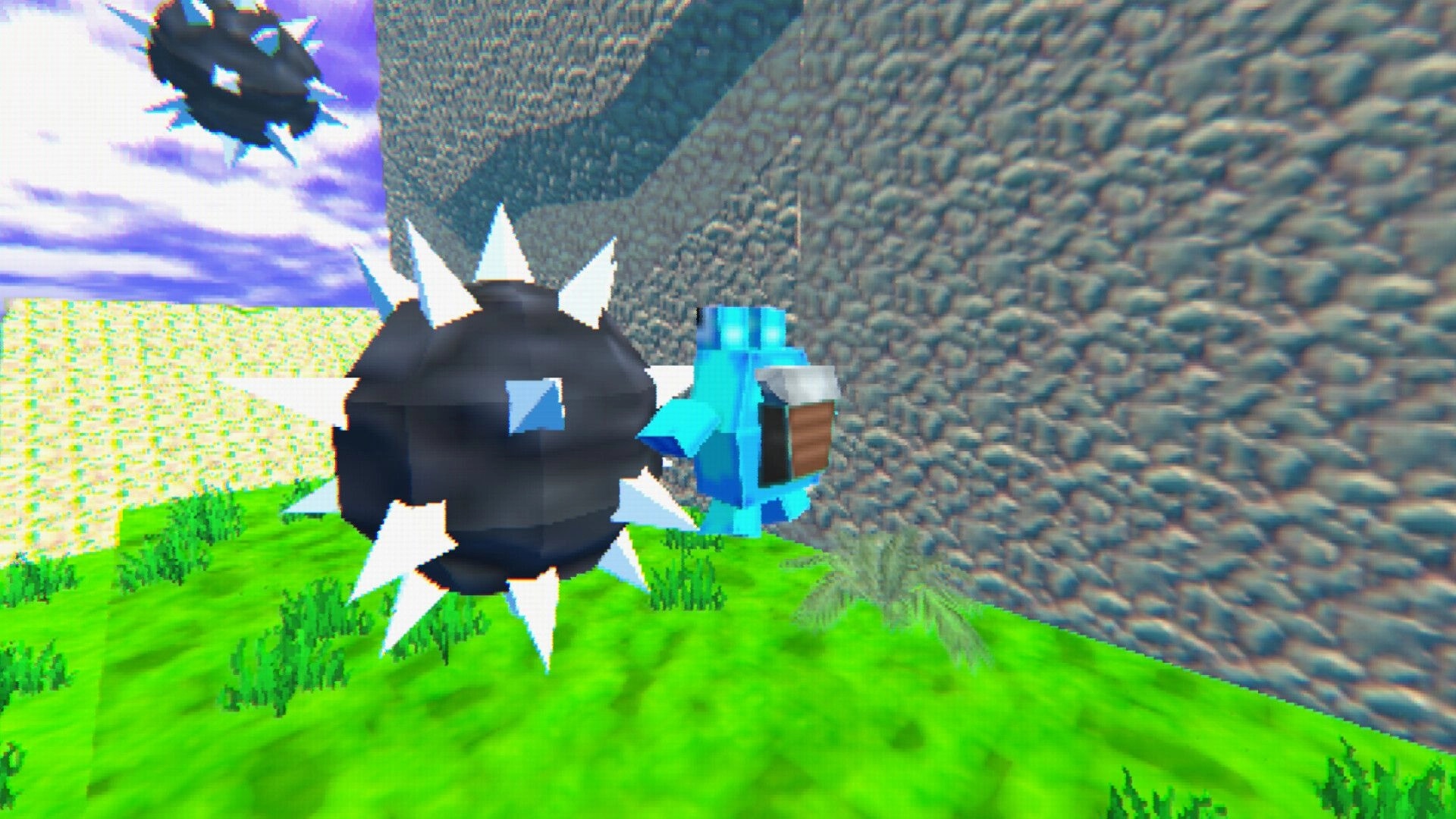 SEMP 64: Blue character dodging spiked balls in a grassy area with stone walls