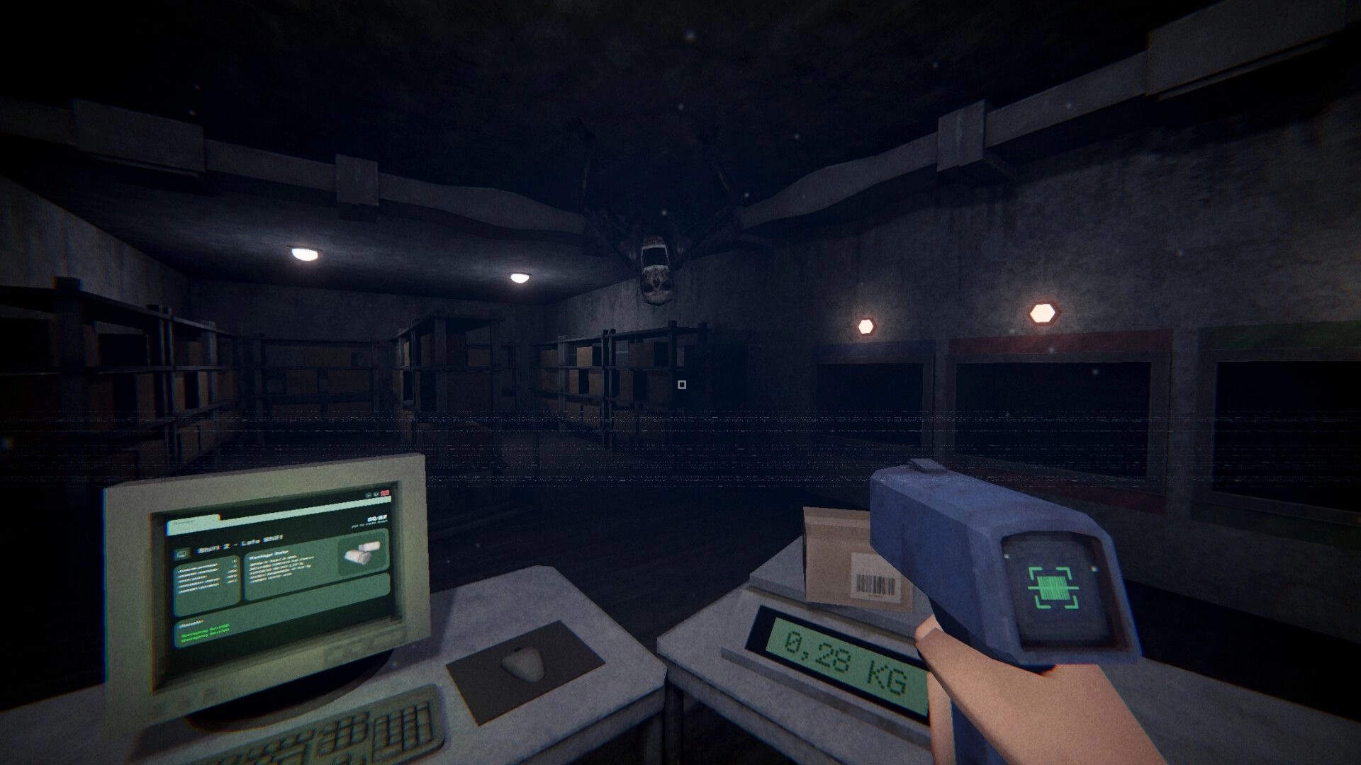 Sender Unknown: Scanning a package on a scale beside a terminal in a dim warehouse sorting room.