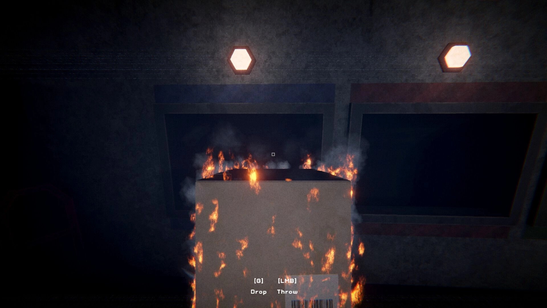 Sender Unknown: Carrying a burning package with Drop/Throw prompts in a smoky sorting bay.