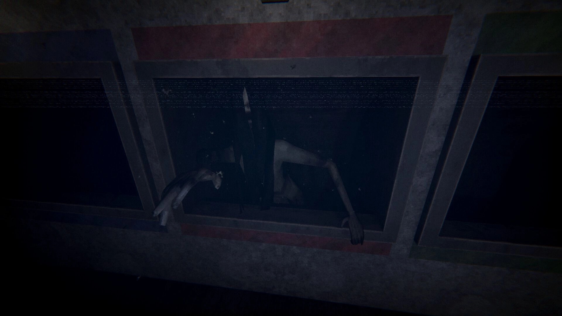 Sender Unknown: Shadowy figure crawls through a ceiling vent in a dim industrial corridor view.