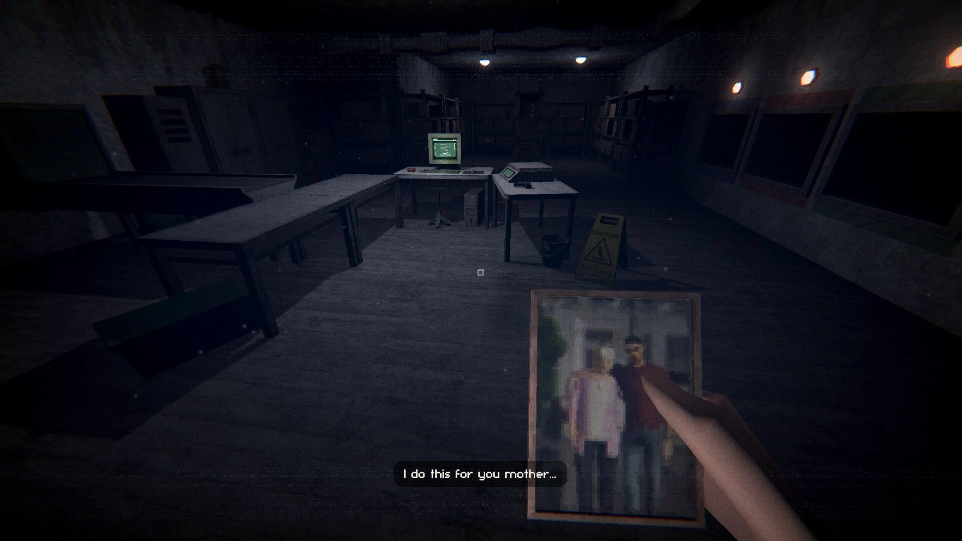 Sender Unknown: First-person view holding a framed photo in a dim sorting office with CRT monitor and tables.