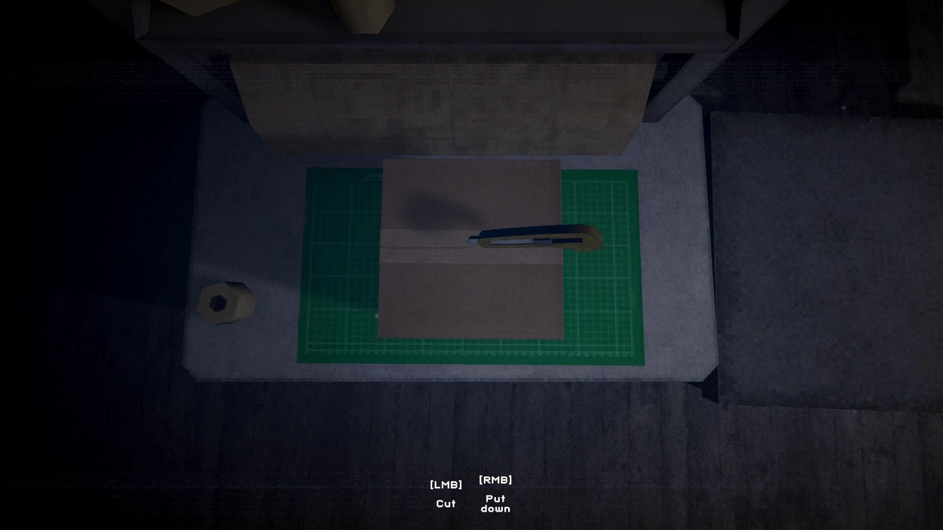 Sender Unknown: Box on a green cutting mat with a utility knife, UI prompts for cut and put down.