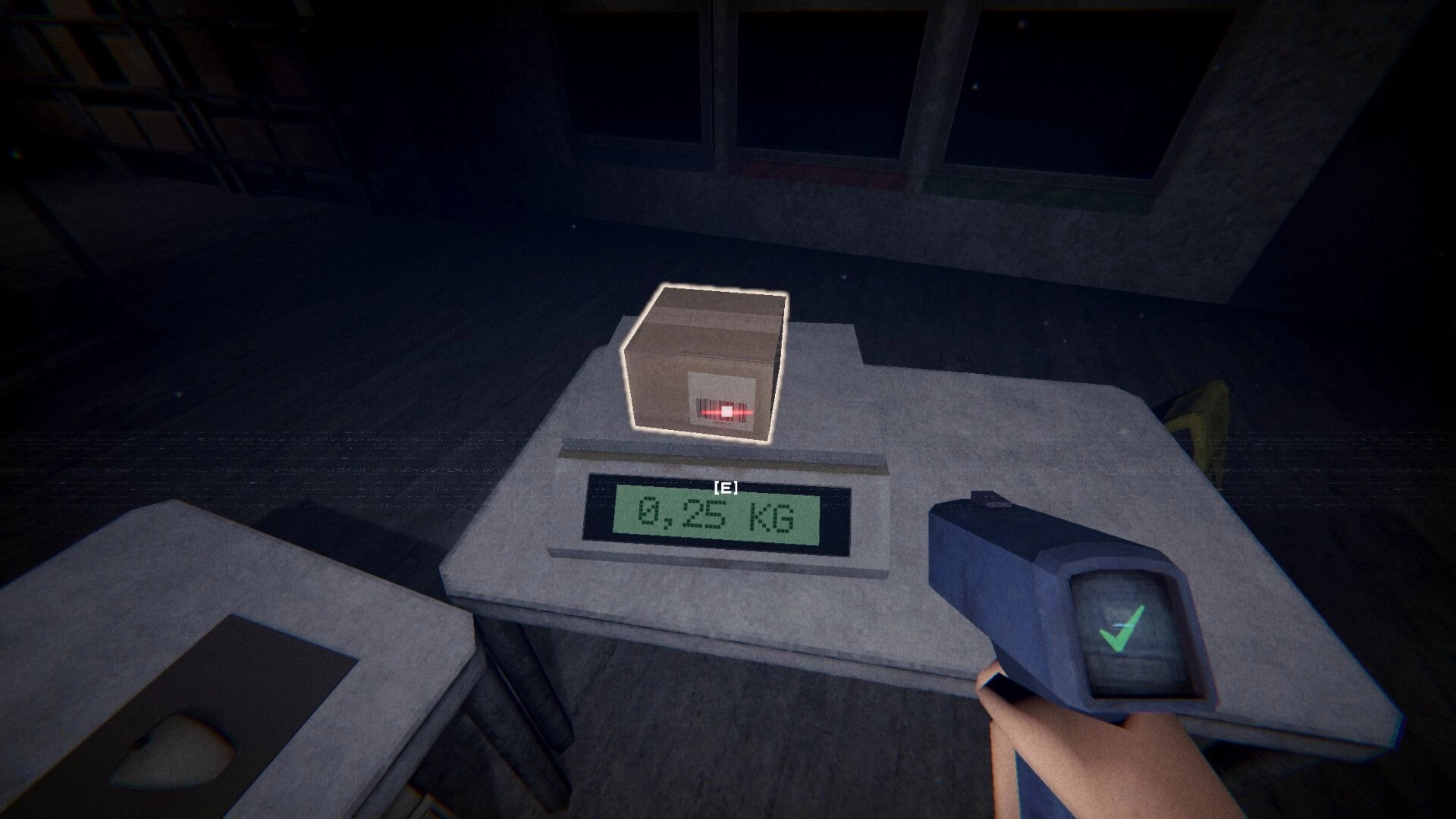 Sender Unknown: Scanning a small parcel on a scale reading 0.25 kg in a dim sorting station room.