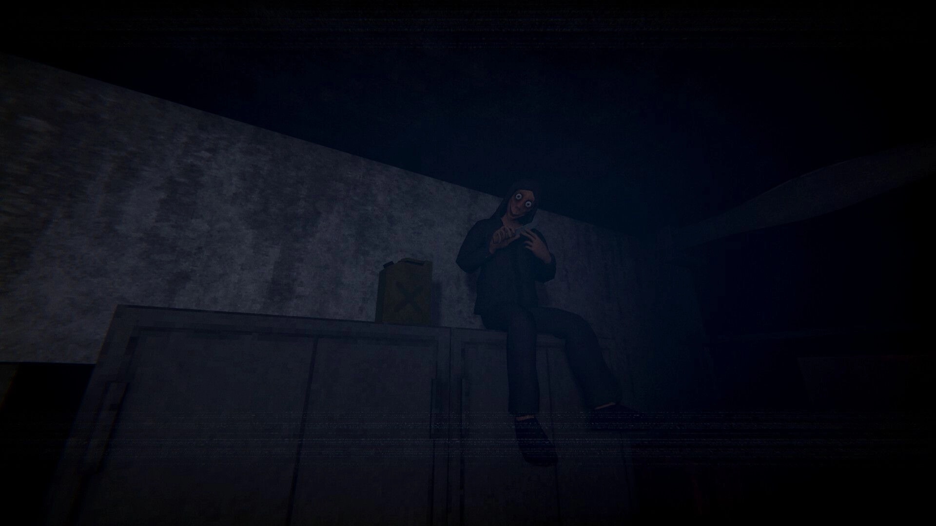 Sender Unknown: Masked figure perched on a cabinet in a dim concrete room under harsh light beams.