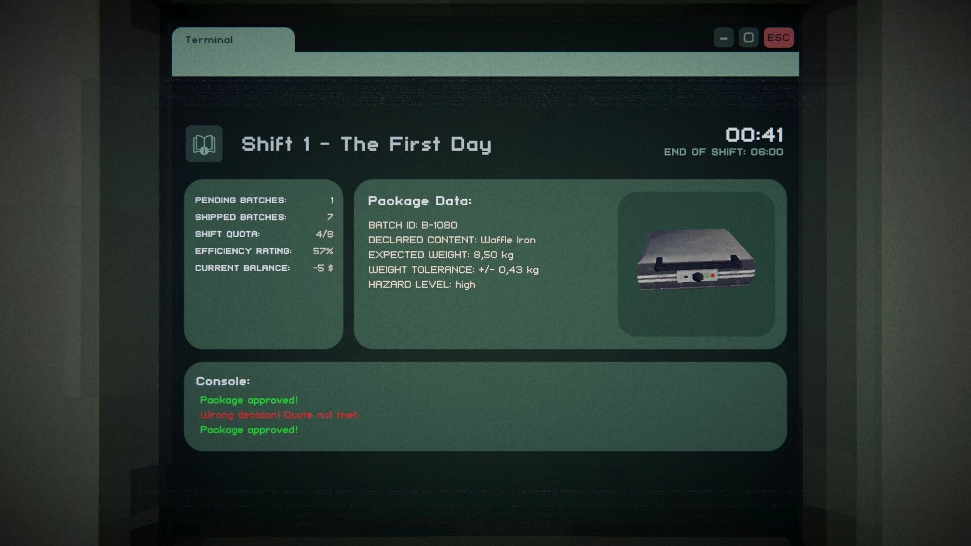 Sender Unknown: Terminal UI listing package data and shift quota, with hazard high in facility office.