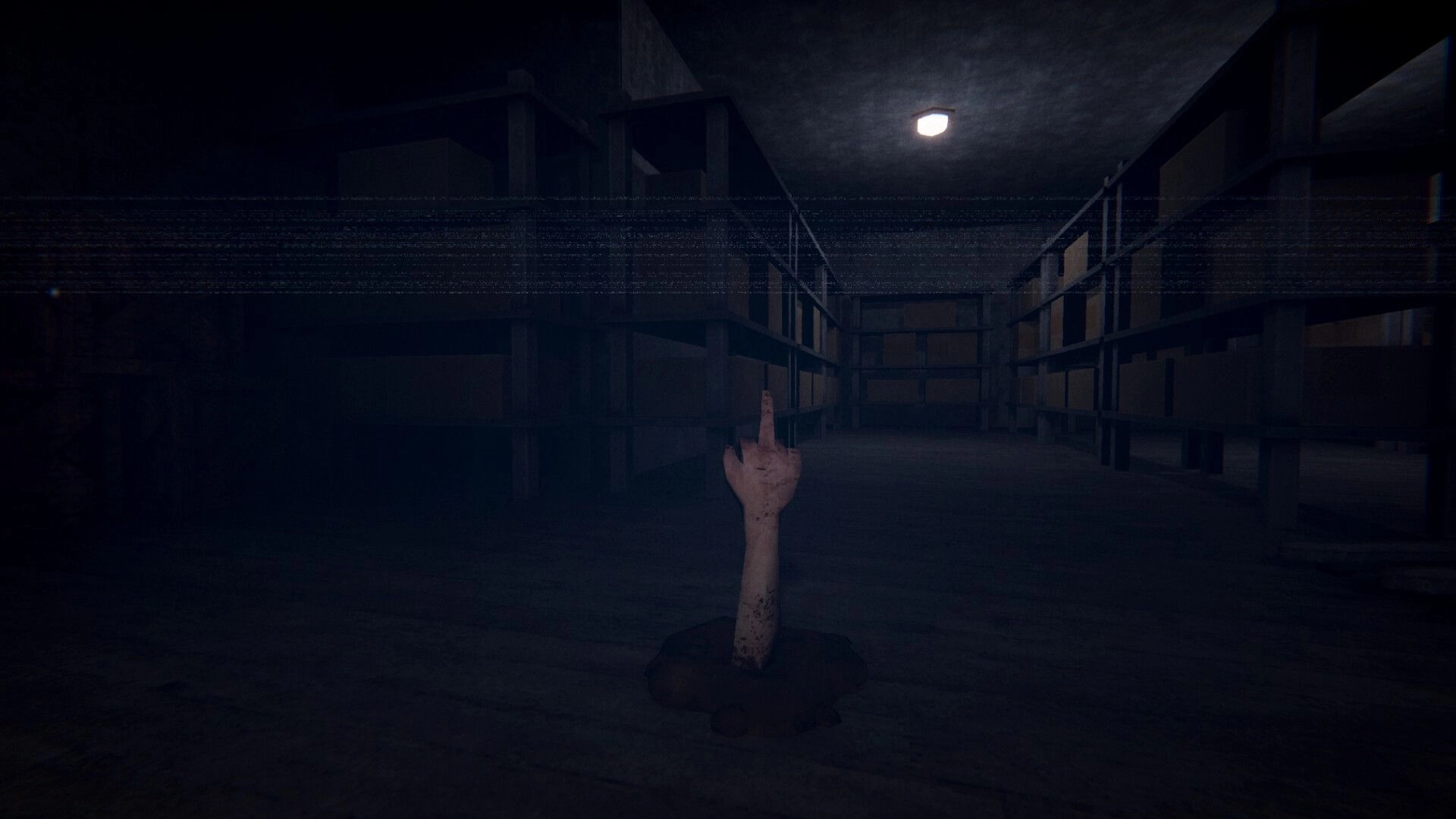 Sender Unknown: Severed hand giving the middle finger in a dark storage aisle with shelves and boxes.