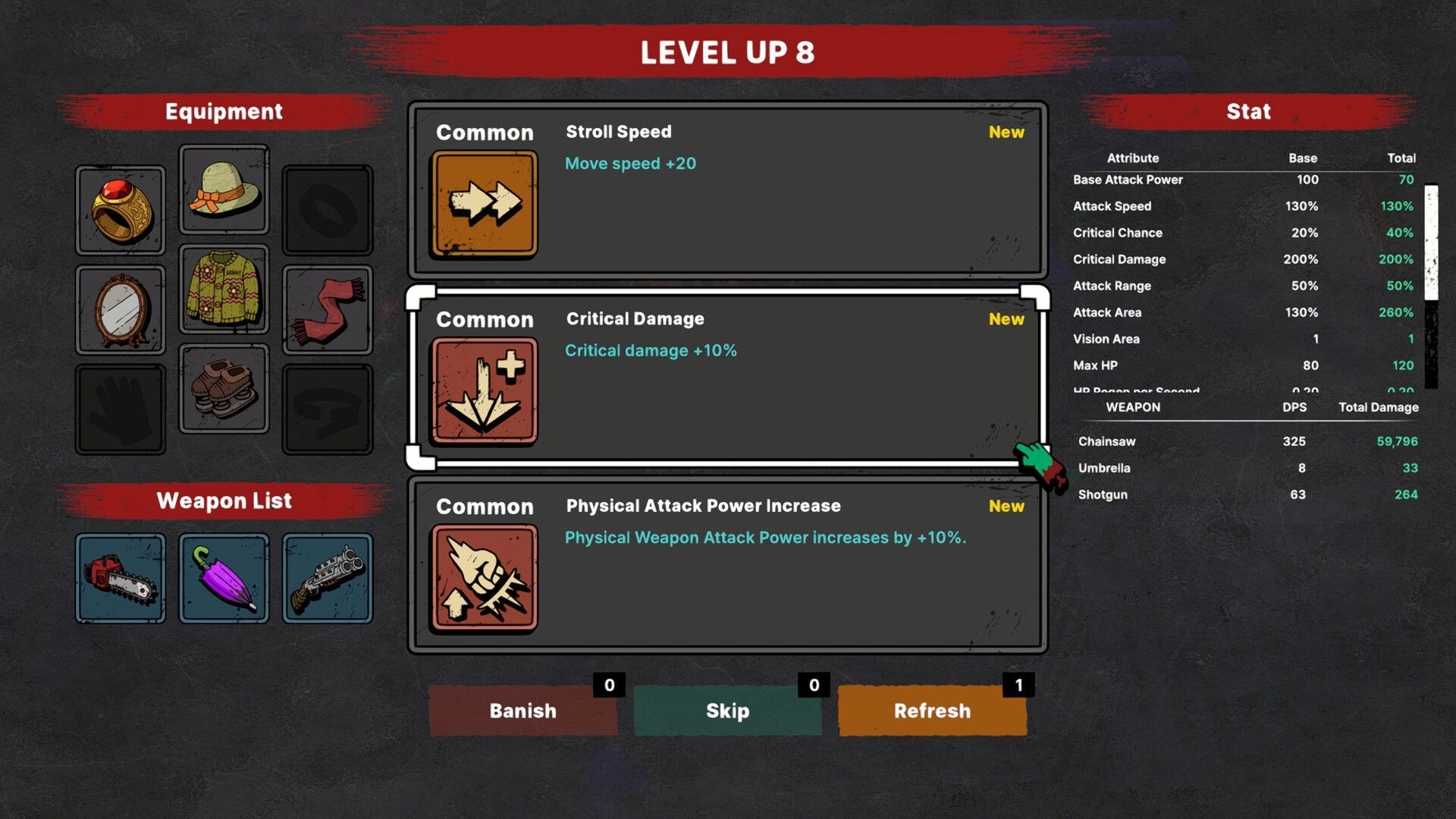 Senior Survival Club: Level Up 8 upgrade menu with equipment, weapon list, and stat panel UI screen.