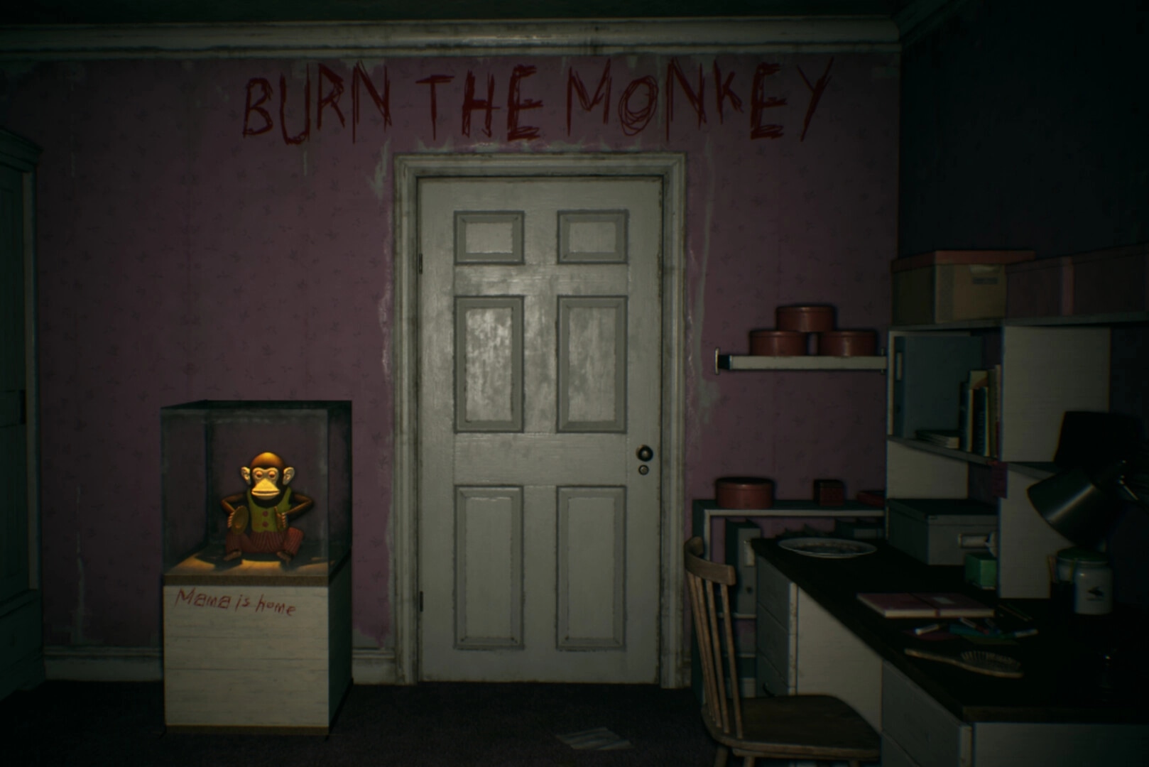 Separated: Creepy study room with "BURN THE MONKEY" on wall and a monkey toy in a glass case