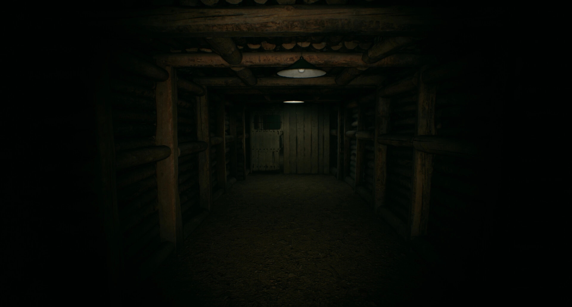 Separated: Dimly lit wooden hallway with a closed door at the end, creating an eerie atmosphere