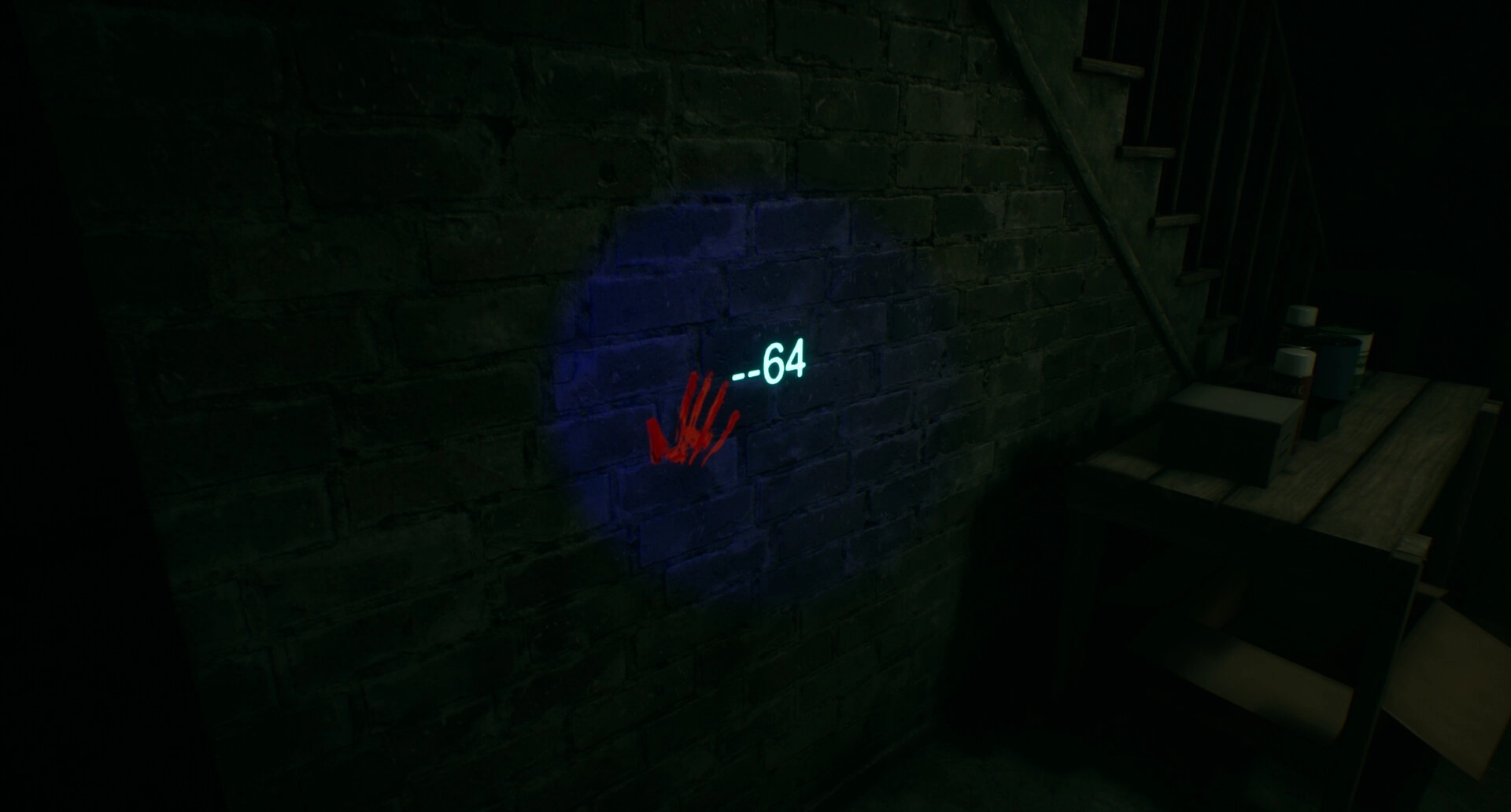 Separated: Glowing red handprint and number on brick wall beside dimly lit staircase and wooden table