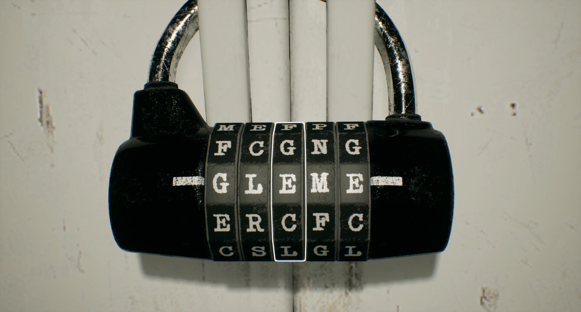 Separated: Combination lock puzzle with rotating dials on a rusty door in a dimly lit environment