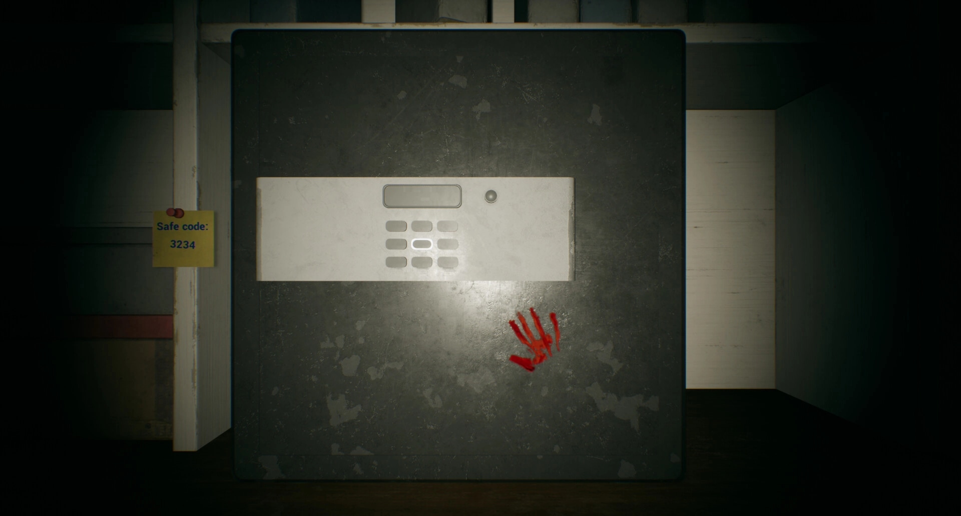 Separated: Code-locked safe with red handprint in dark room, note with code 3234 on left wall