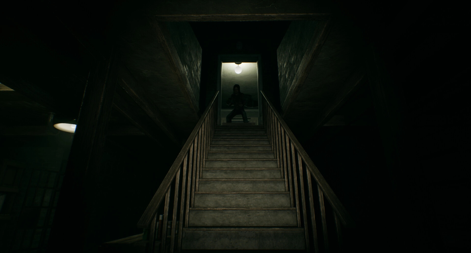 Separated: Dark staircase with shadowy figure at the top under a single hanging light in a gloomy hallway
