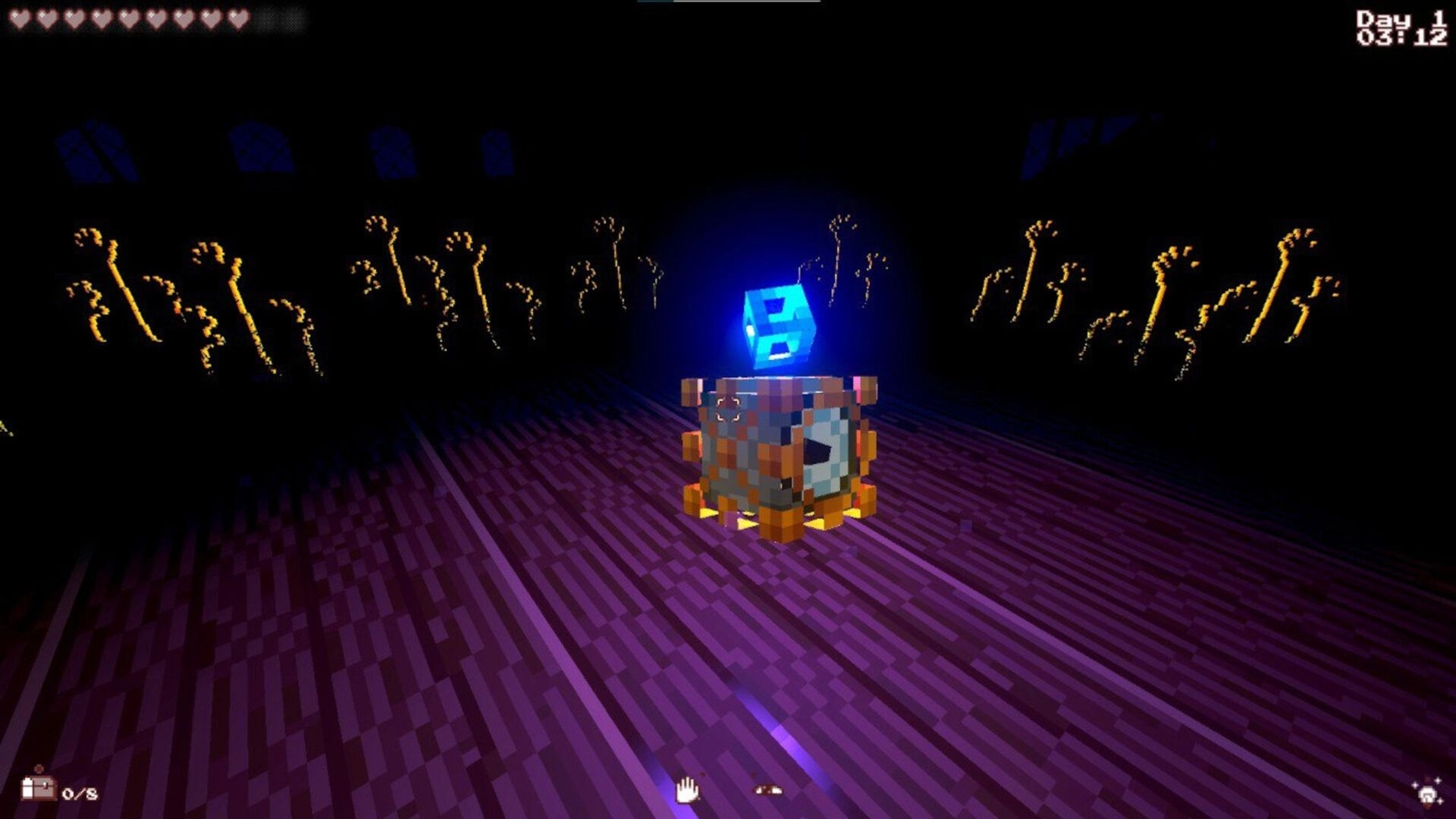 Sepulchron: Floating blue cube over a patterned floor, surrounded by glowing symbols in a dark room.