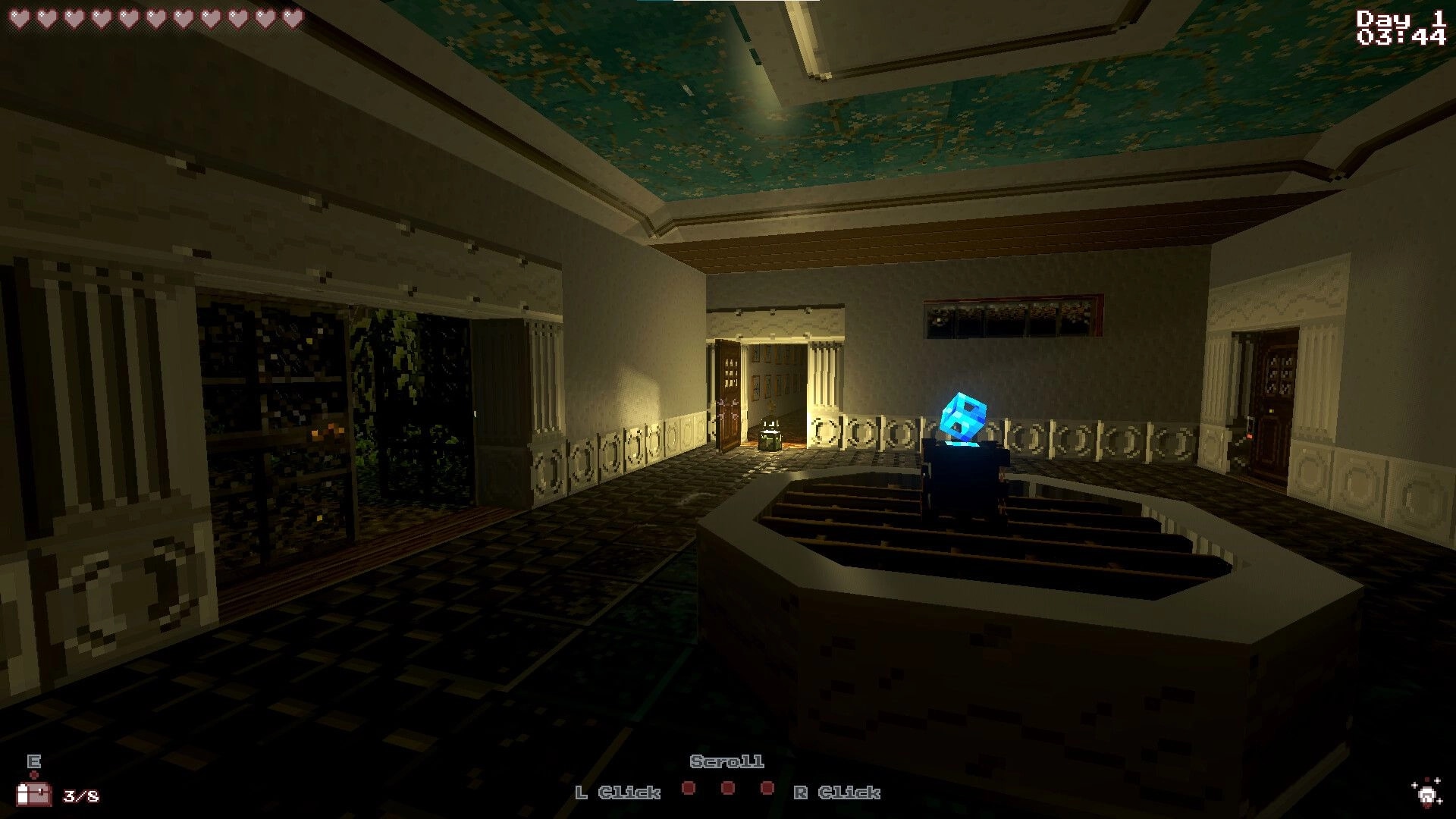 Sepulchron: Dimly lit manor interior with a glowing blue crystal and time displayed in upper corner.