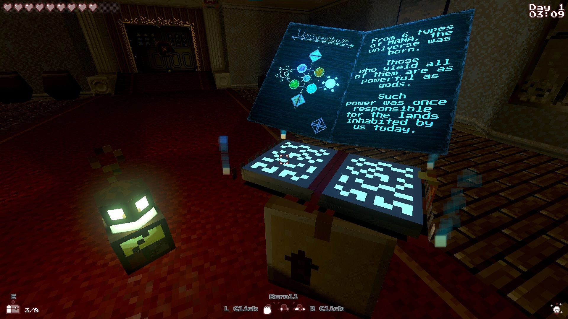 Sepulchron: Glowing book and lantern in dimly lit room, with text revealing universe's mana secrets.