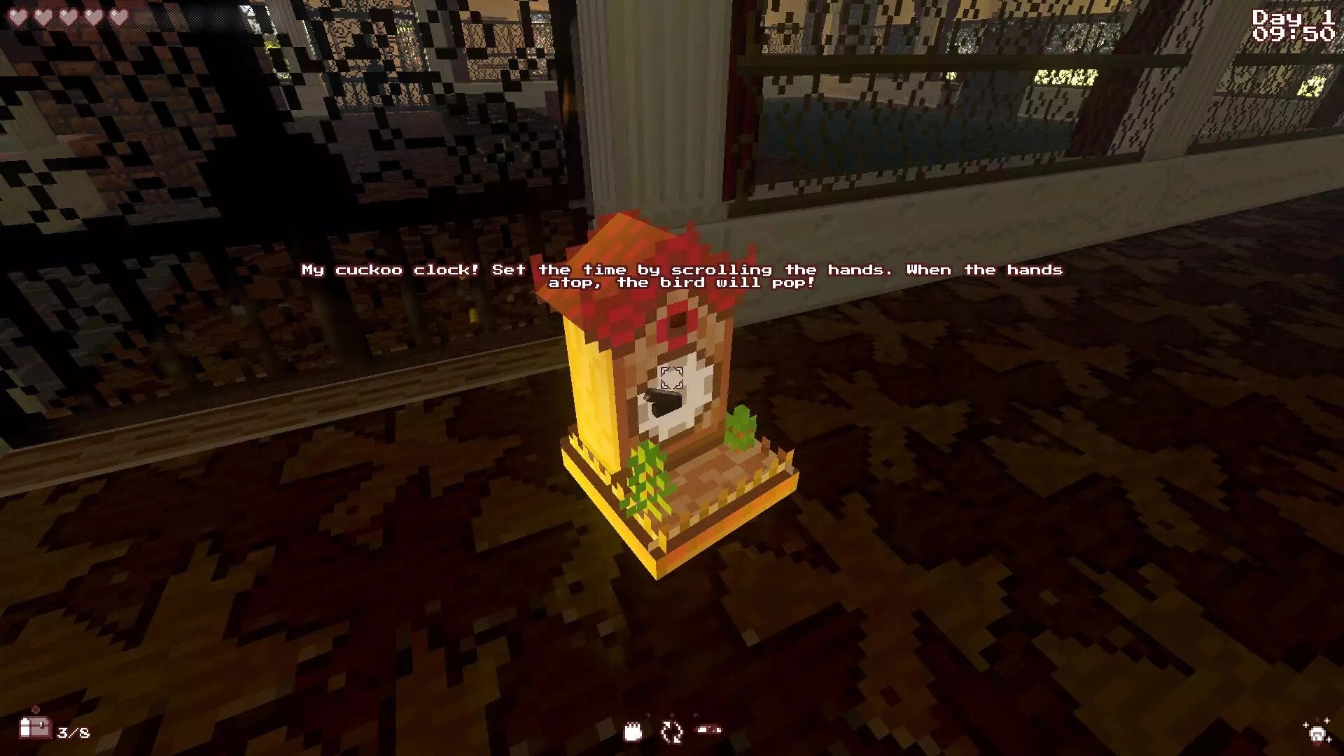 Sepulchron: Interact with a cuckoo clock to solve a puzzle inside a dimly lit, ornate hallway setting.