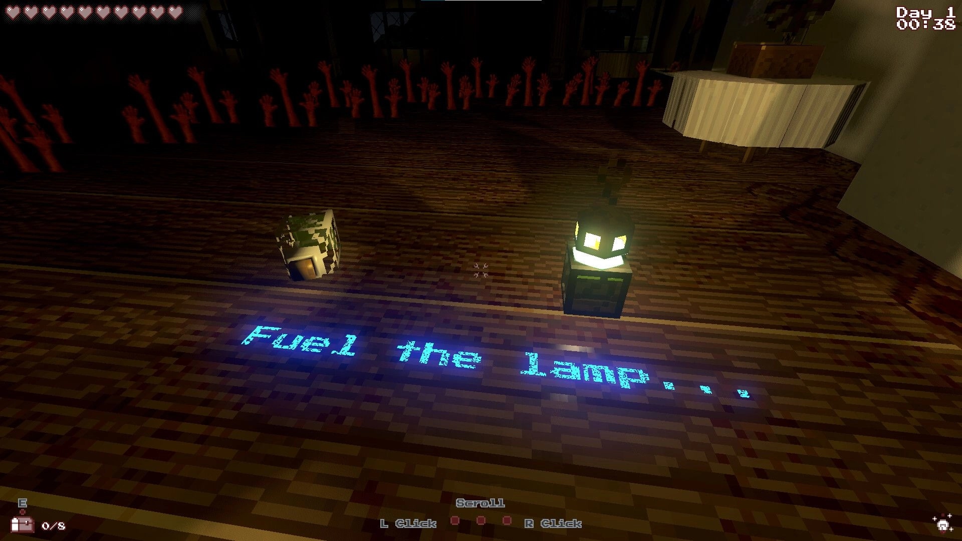 Sepulchron: Player instructed to "Fuel the Lamp" in dimly lit room with ghostly hands and timer UI.