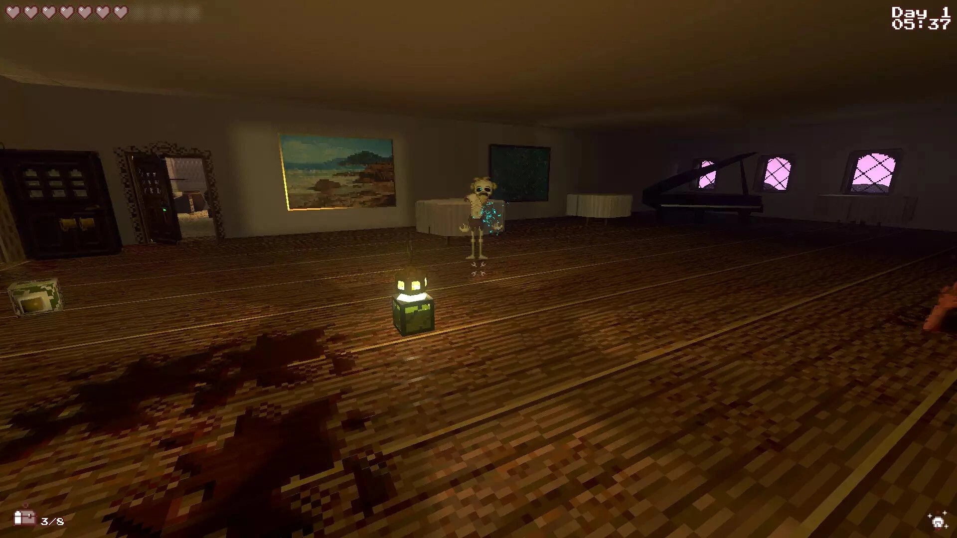 Sepulchron: Skeleton enemy stands in dimly lit room with piano and paintings, time UI at top right