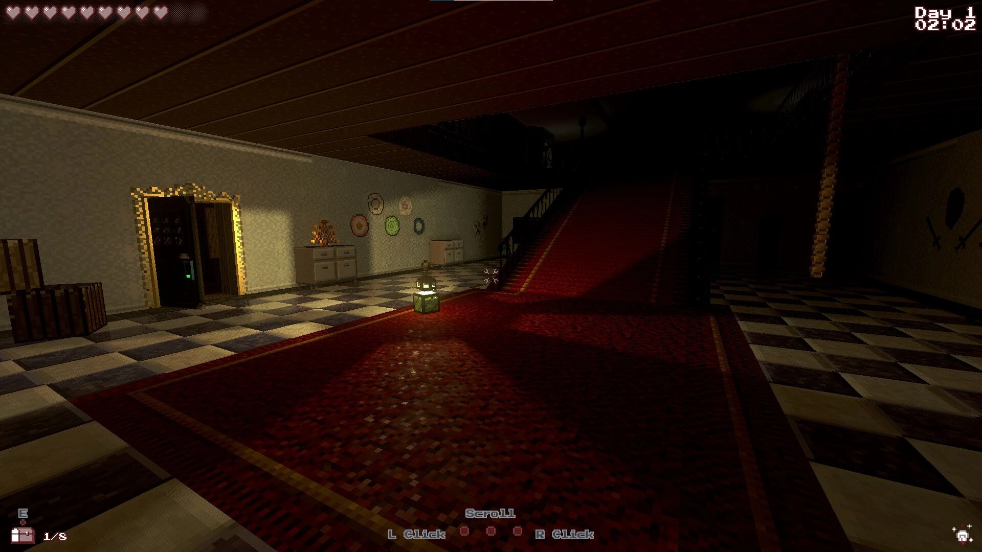 Sepulchron: Dimly lit manor hallway with lantern on floor, checkered tiles, and red-carpeted stairs