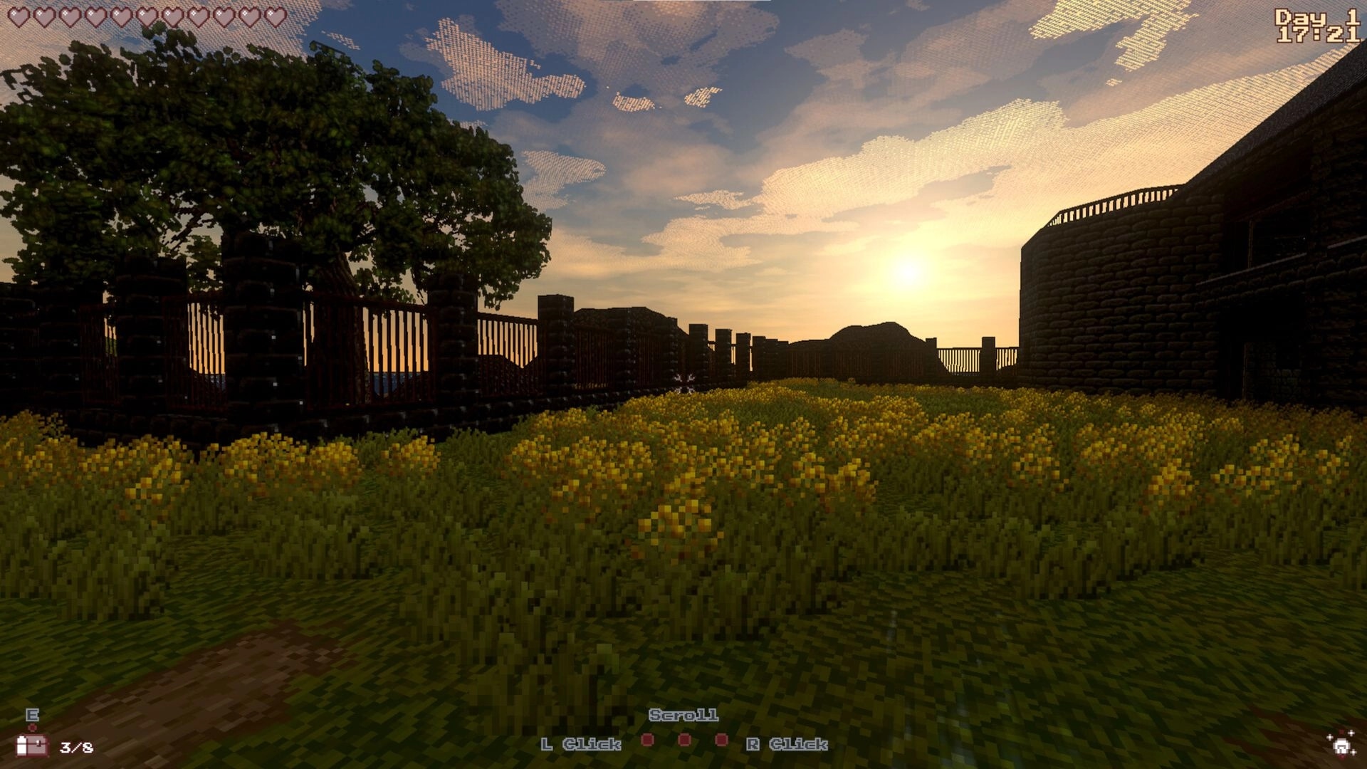 Sepulchron: Sunset over pixelated garden with health bar and time display in Astor Manor grounds