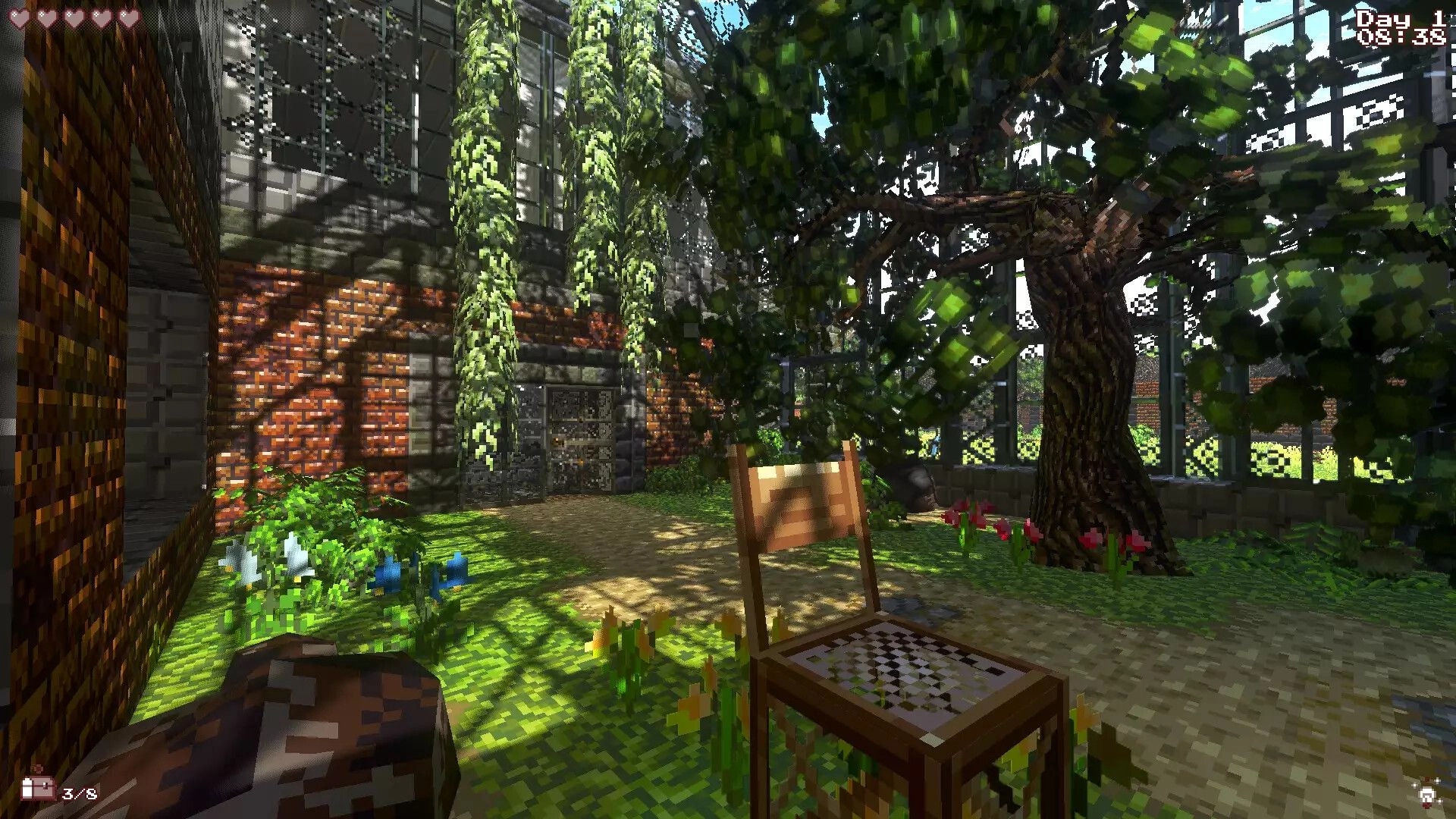 Sepulchron: Sunlit garden with chair and chessboard in Astor Manor courtyard, UI shows health and time.