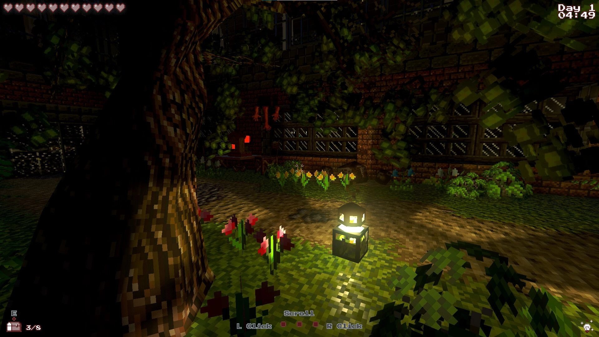 Sepulchron: Lantern-lit garden with heart-shaped health bar and time display in pixelated night setting