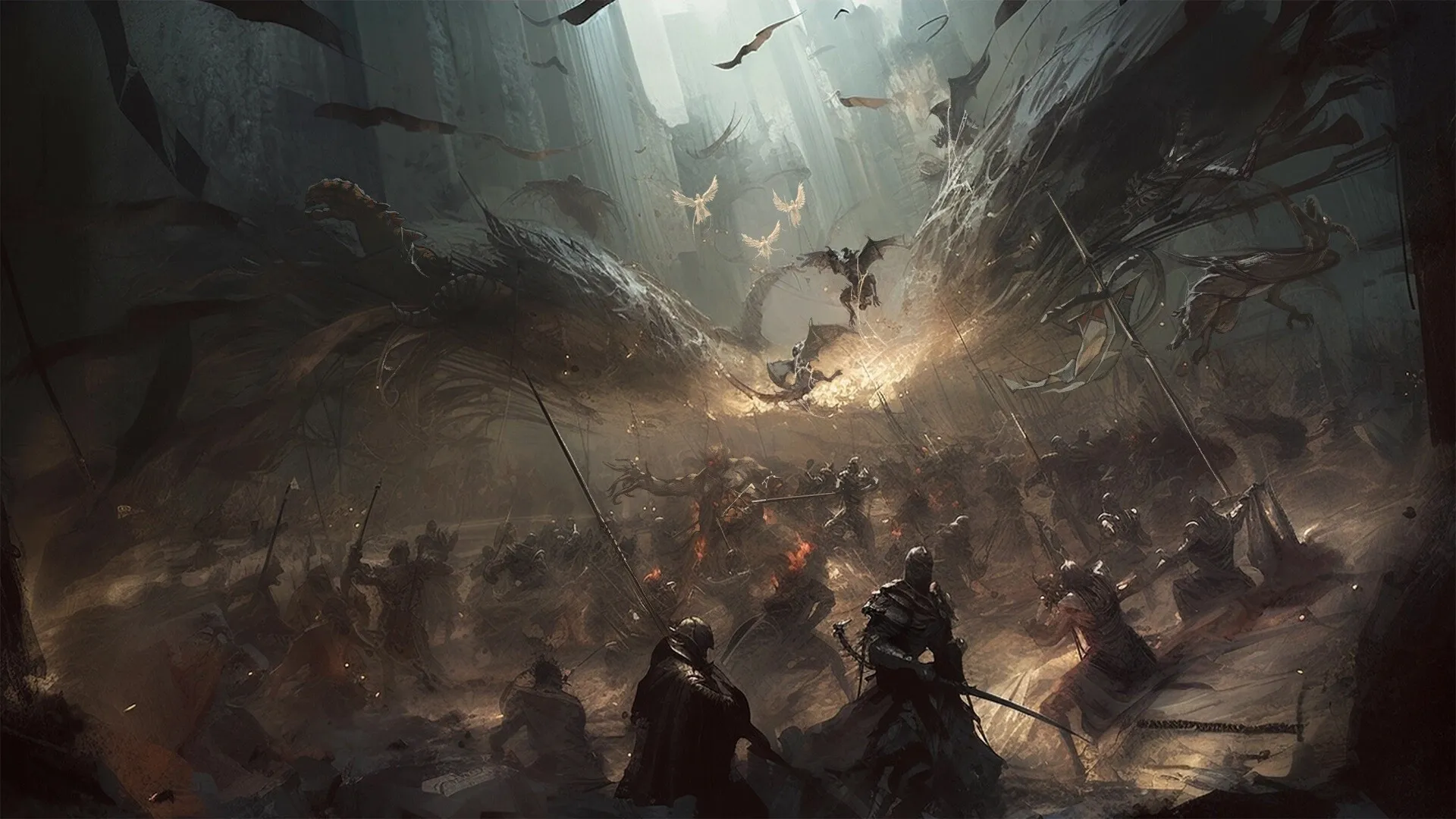 SERAPH: Intense battlefield with armored warriors clashing beneath dark, looming creatures in ruins