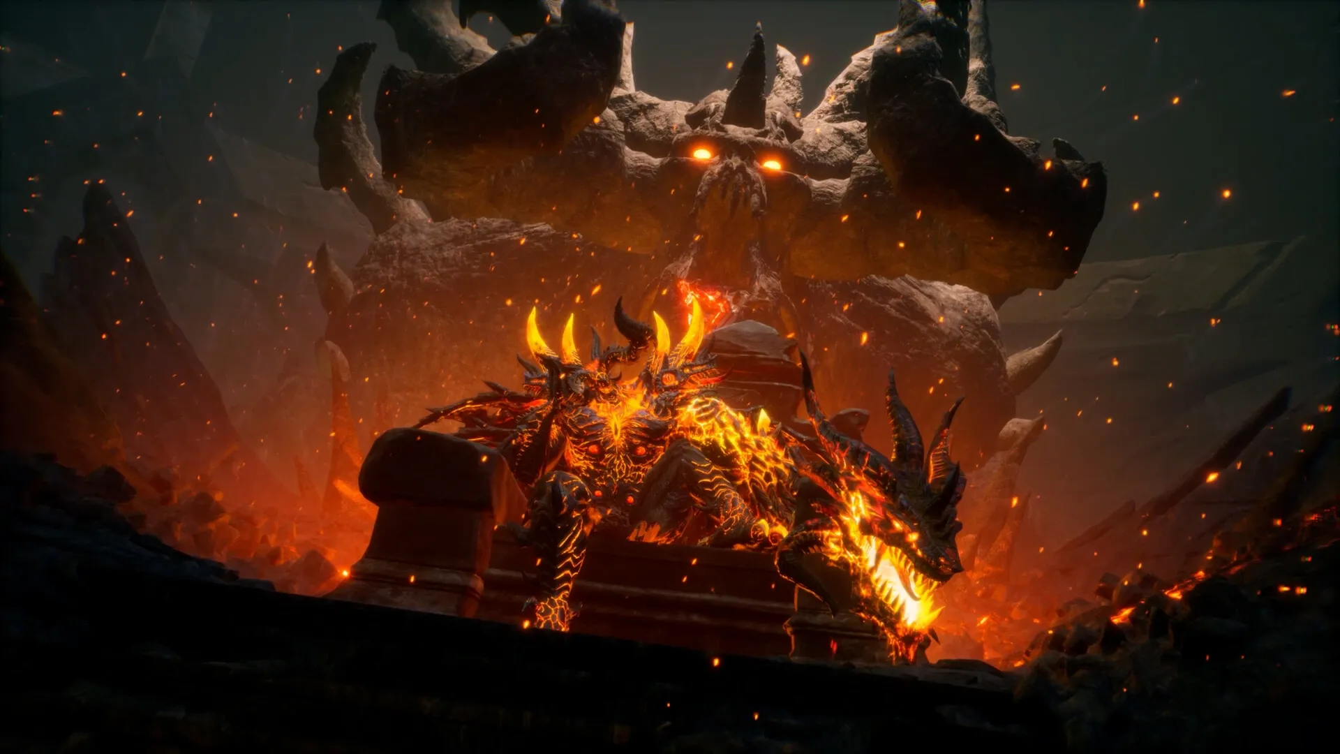 SERAPH: Demon lord with fiery armor sits on a throne, surrounded by glowing embers in a dark cavern.