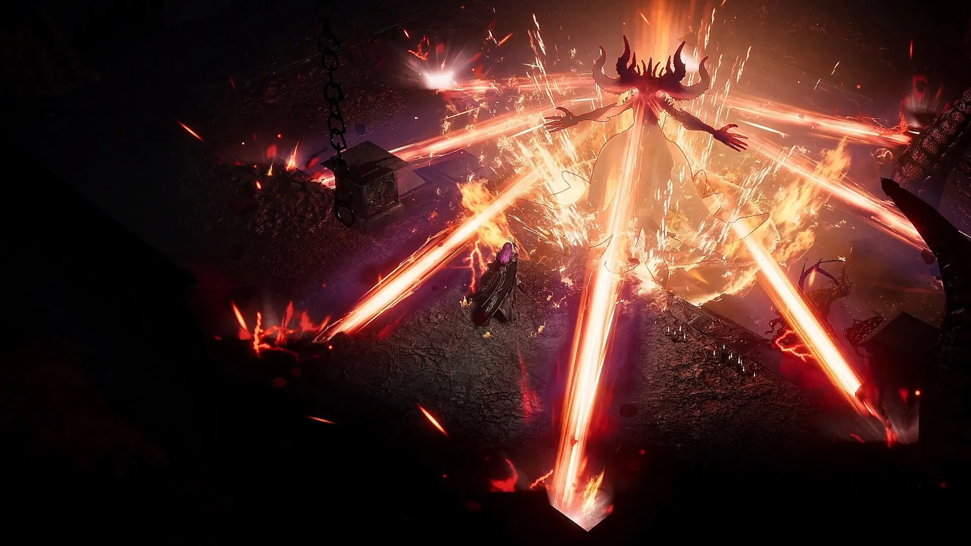 SERAPH: Player confronting a fiery demon with glowing red beams in a dark, infernal dungeon environment.