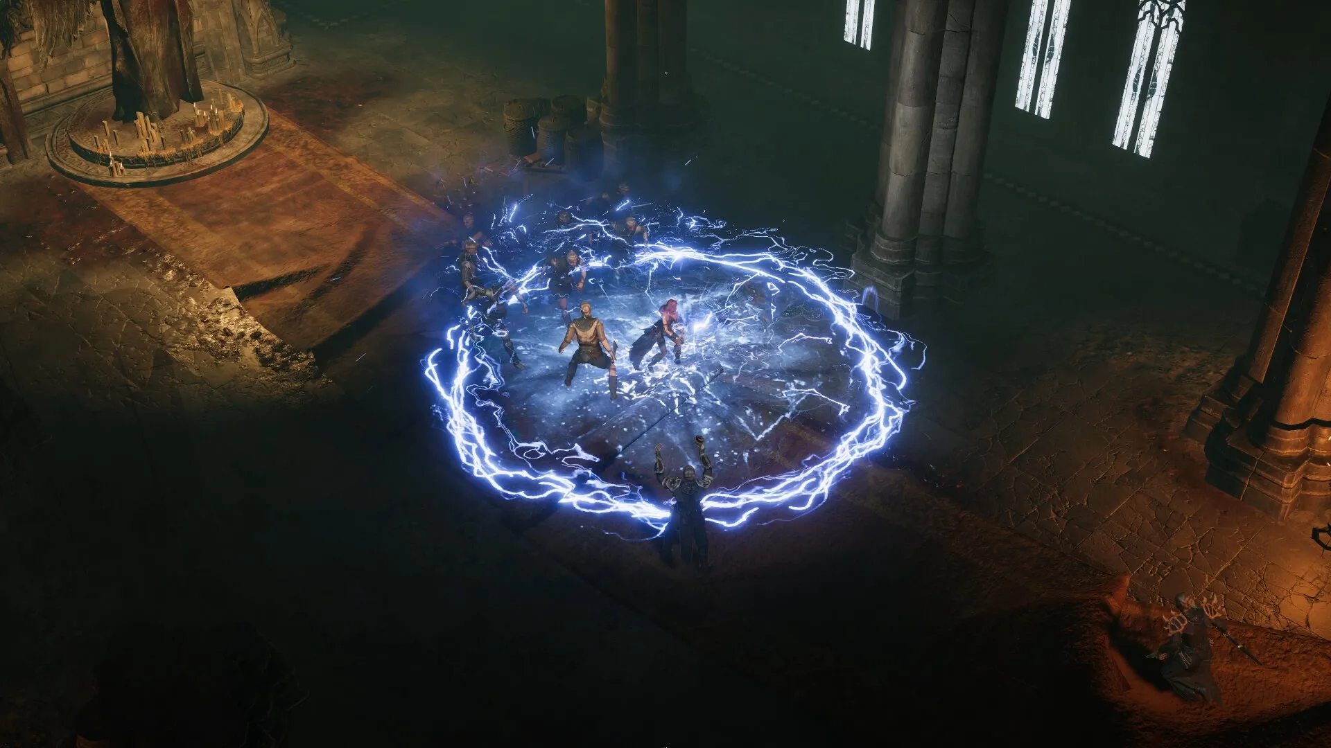 SERAPH: Intense lightning spell cast by surrounded hero in dark cathedral ruins