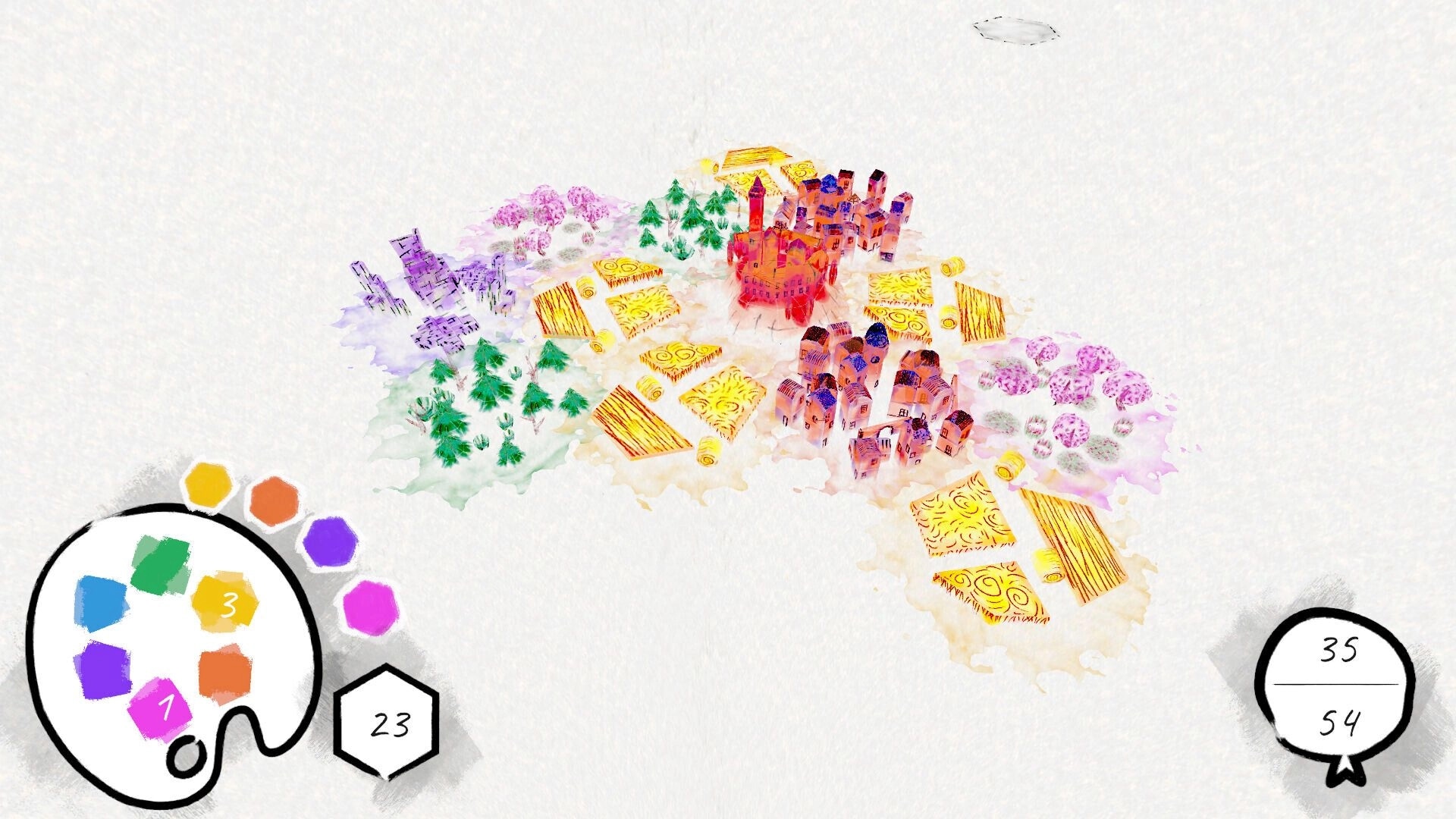 Serendipalette: Colorful village and landscape tiles with a palette interface on a watercolor map