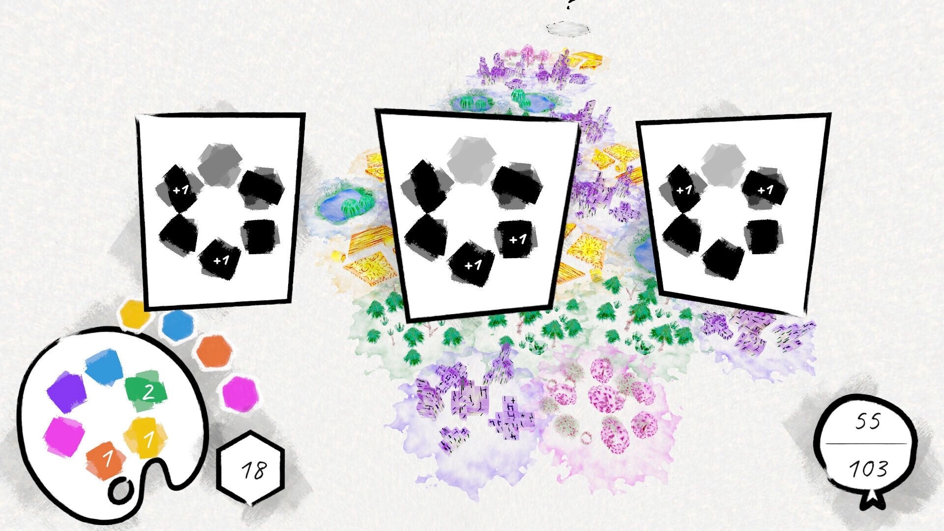 Serendipalette: Color palette selection interface with watercolor map and score display in bottom right