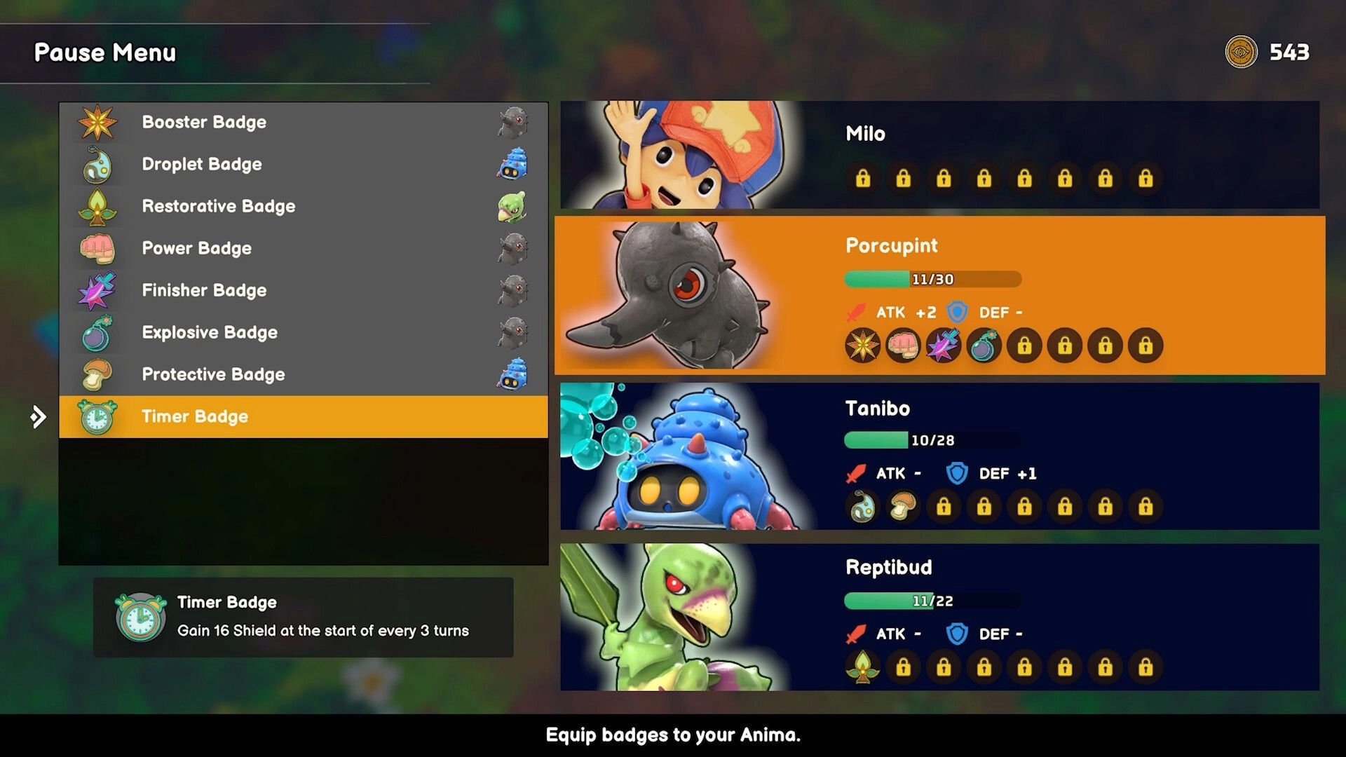 Serial World: Pause menu badge list and Anima stats for Milo, Porcupint, Tanibo, and Reptibud screen.