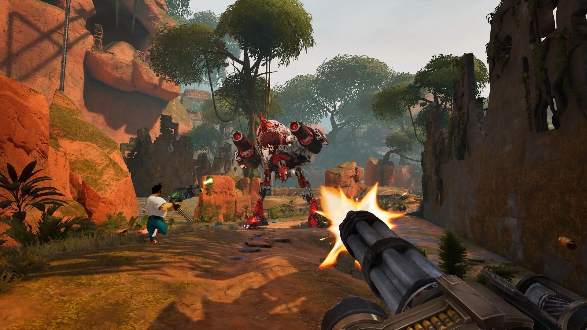 Serious Sam: Minigun firing at a towering mech enemy in a jungle canyon with a co-op ally ahead.