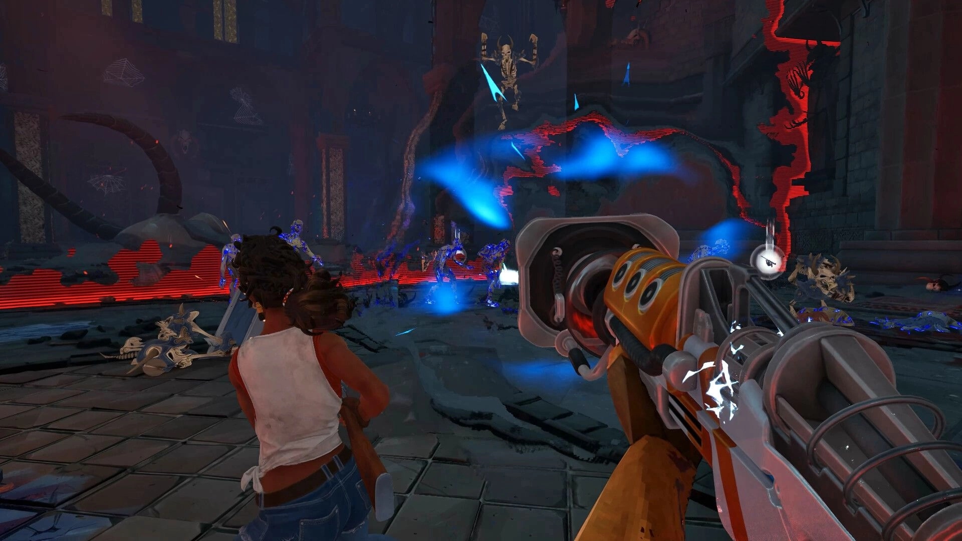 Serious Sam: Co-op firefight with energy cannon vs blue enemies in a ruined temple with glitchy rifts.