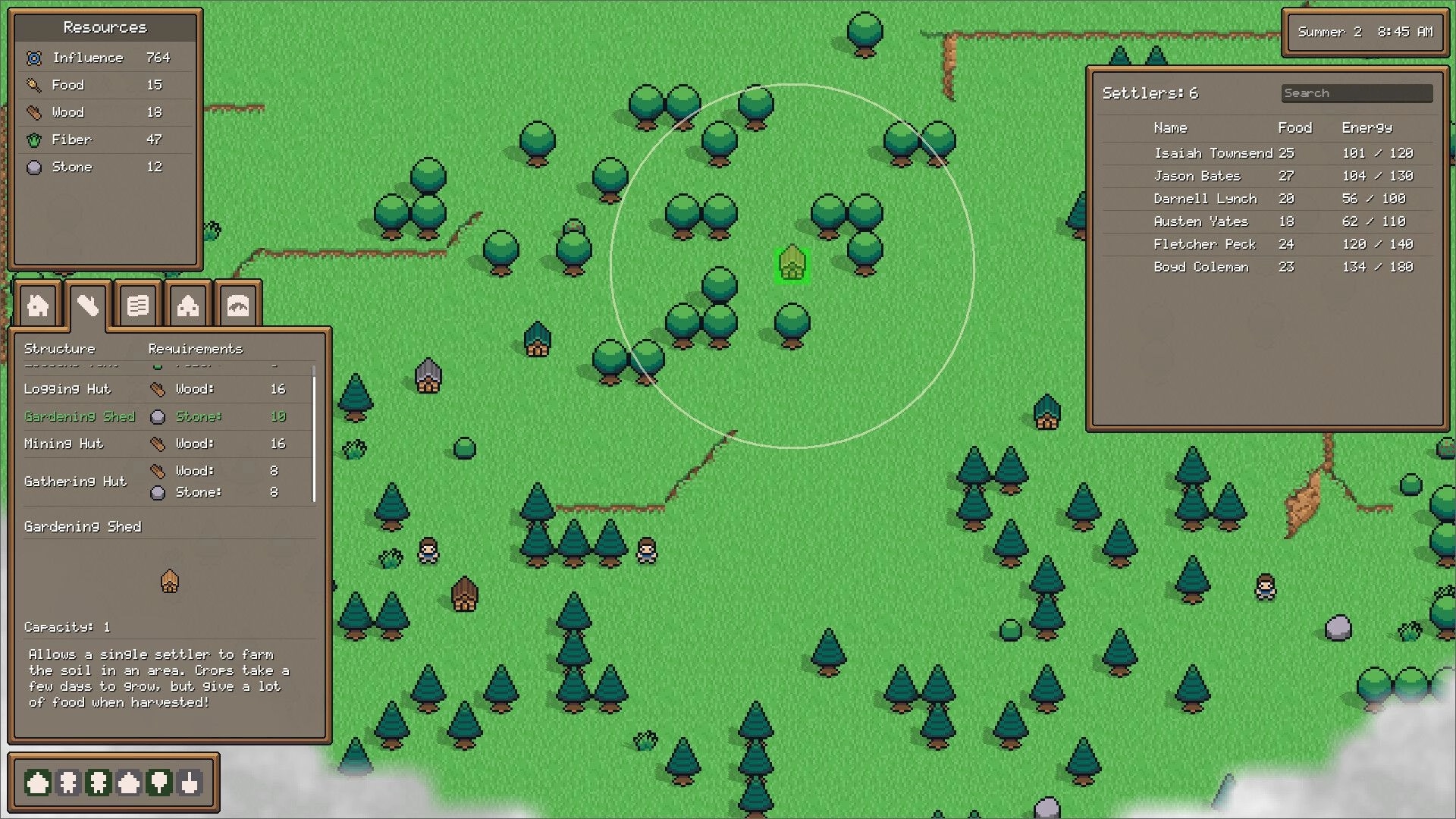 Settler's Domain: Resource and structure menus open, displaying available buildings and requirements.