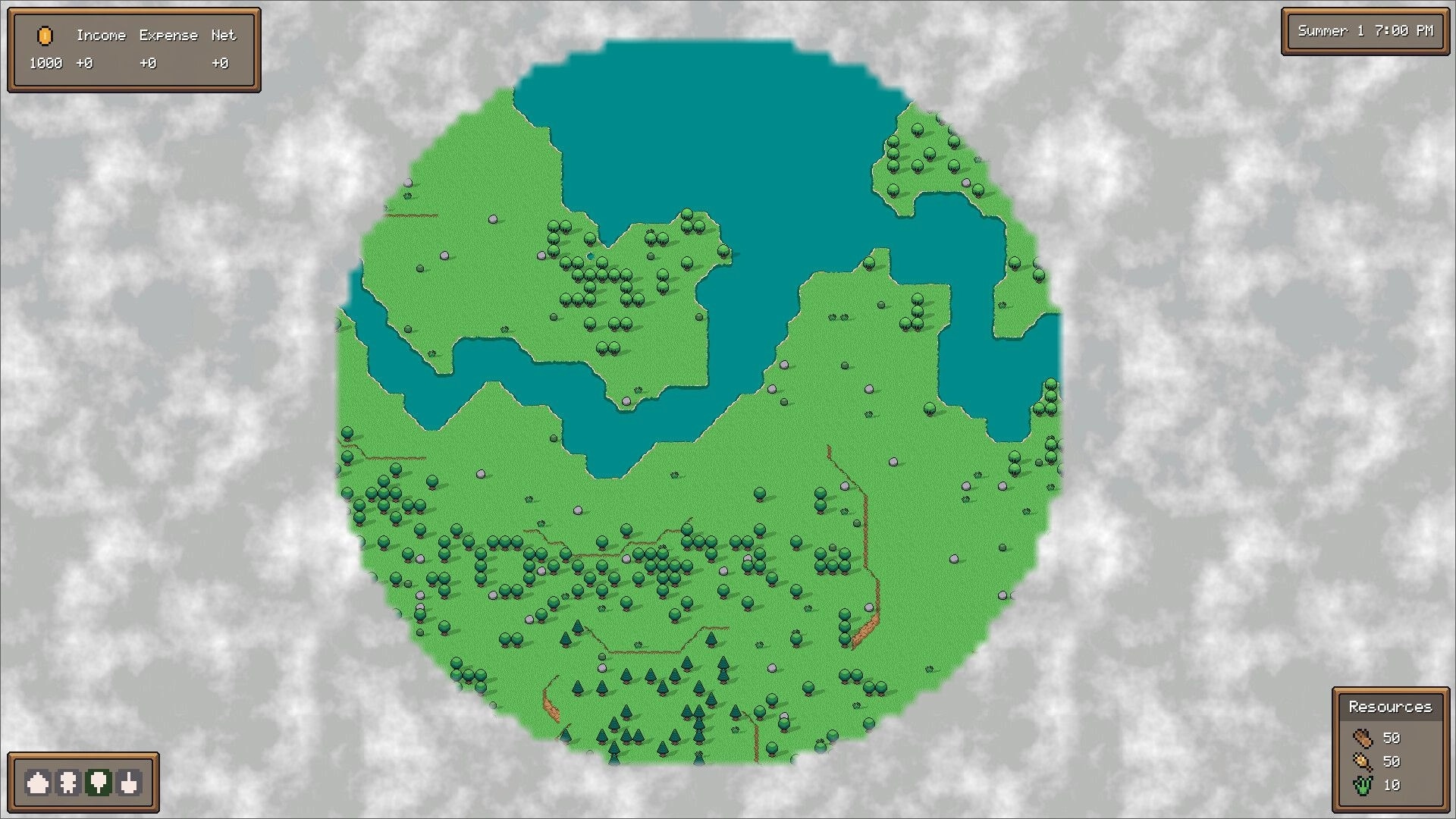 Settler's Domain: Overhead map view with resources, income panel, and time display on cloudy background.
