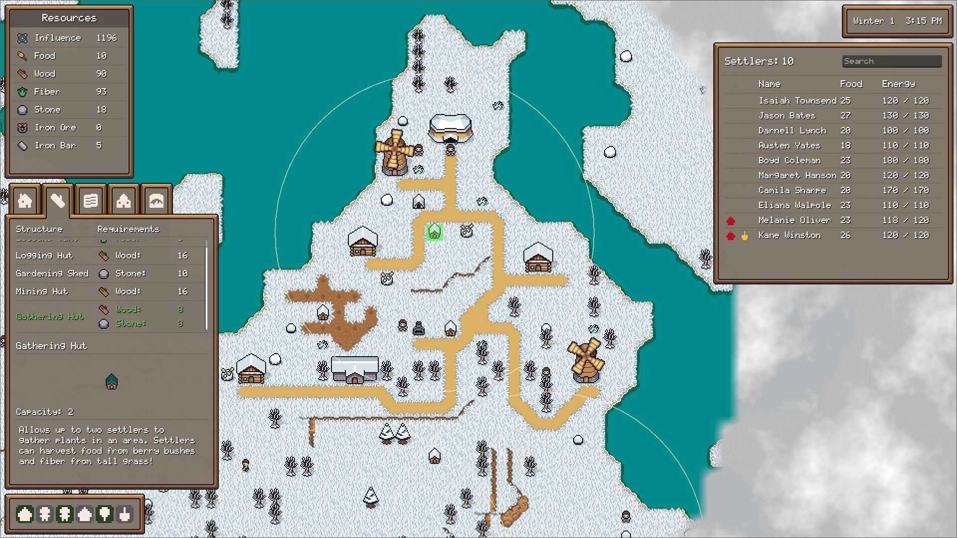 Settler's Domain: Overhead snowy map with resource panel, settler list, and building options visible