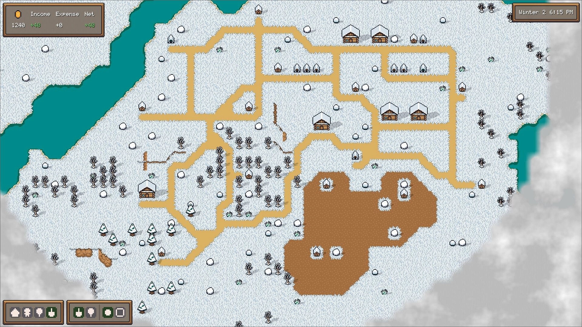 Settler's Domain: Snow-covered village layout with roads, buildings, and resource icons on the map.