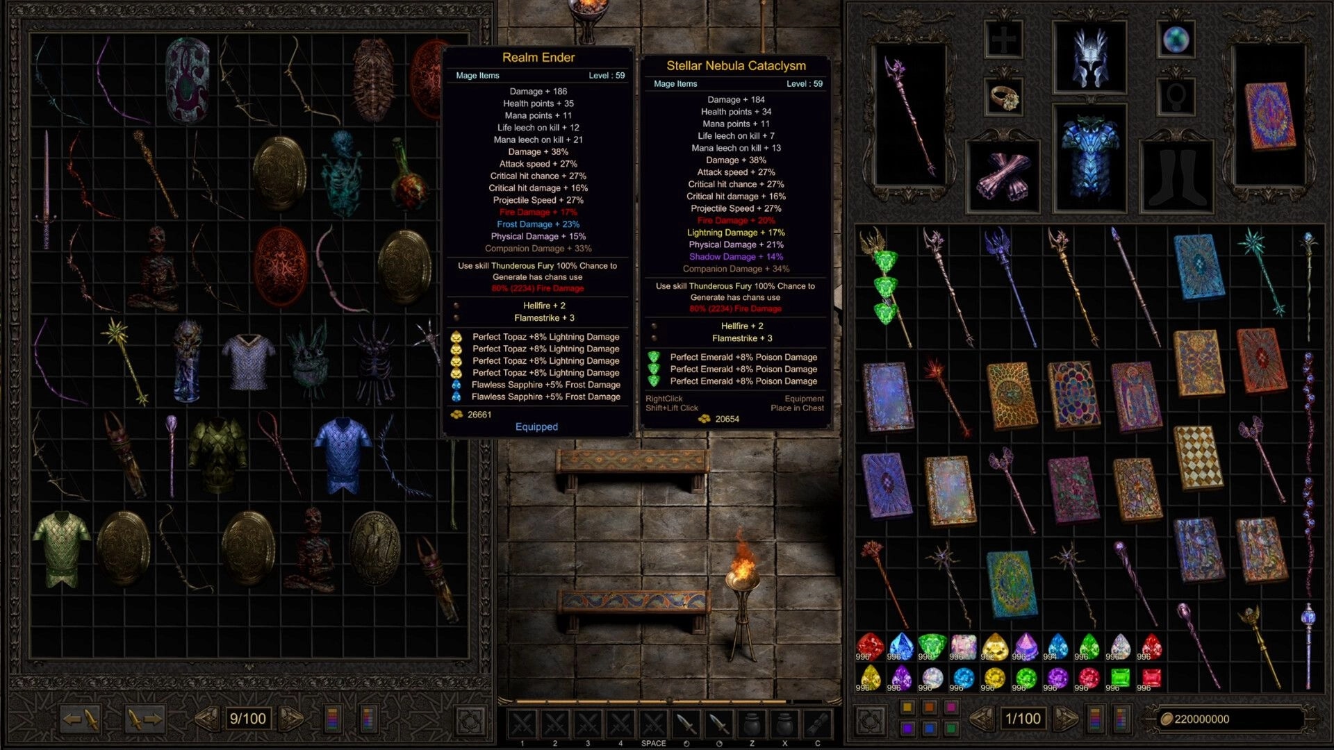 Shadow Dungeon: Inventory and equipment screen comparing two mage staves inside a stone dungeon UI.
