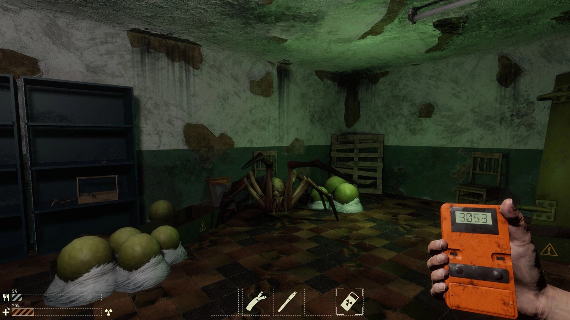 Shadow Of The Union: Player holding device in a decaying room with giant spider-like creature emerging