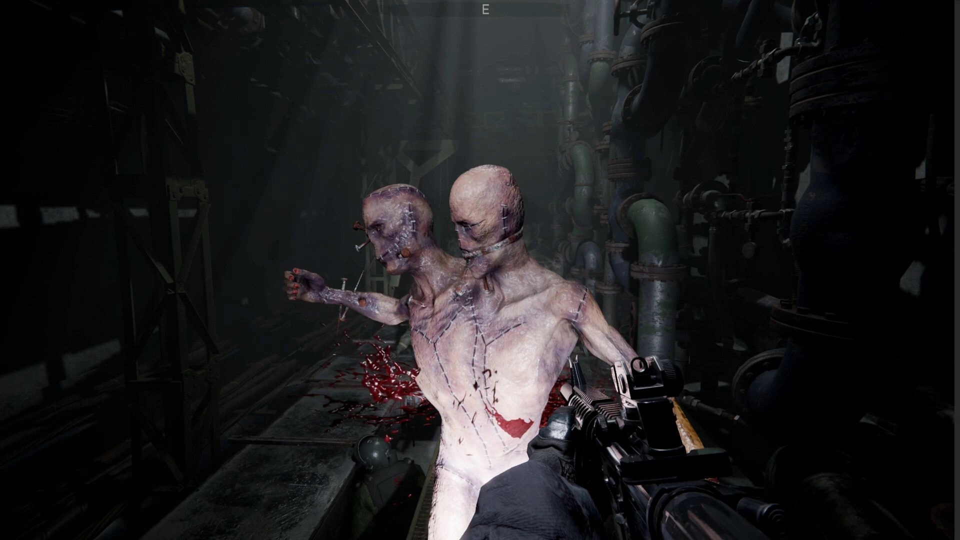 Shadow Project: Player confronts a grotesque two-headed creature in a dimly lit industrial corridor