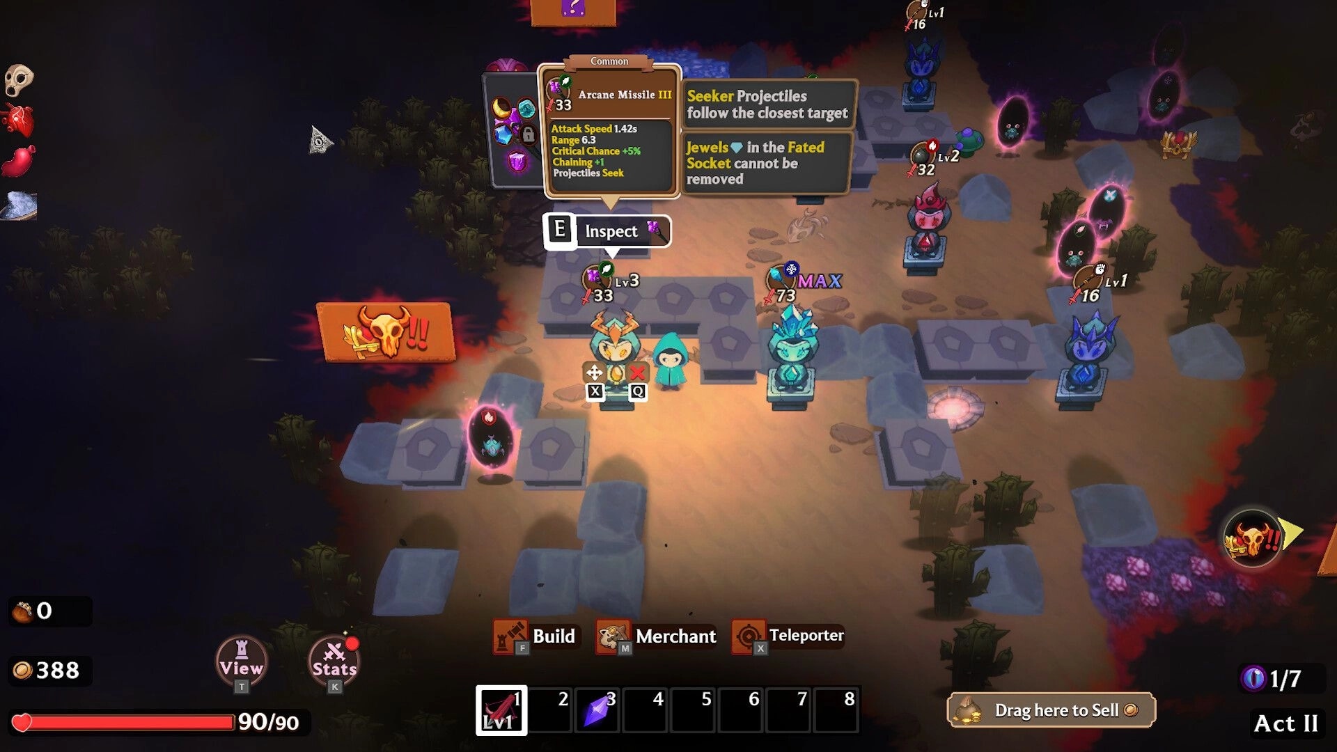 Shadows Must Fall: Character inspects tower upgrade options in a desert arena with shadow creatures.