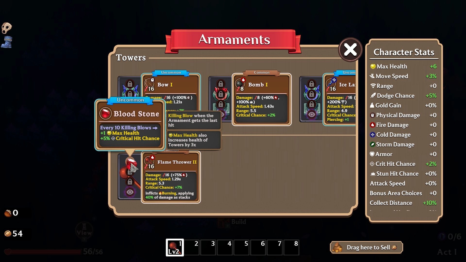 Shadows Must Fall: Armaments menu showing towers and Blood Stone upgrade with character stats sidebar.