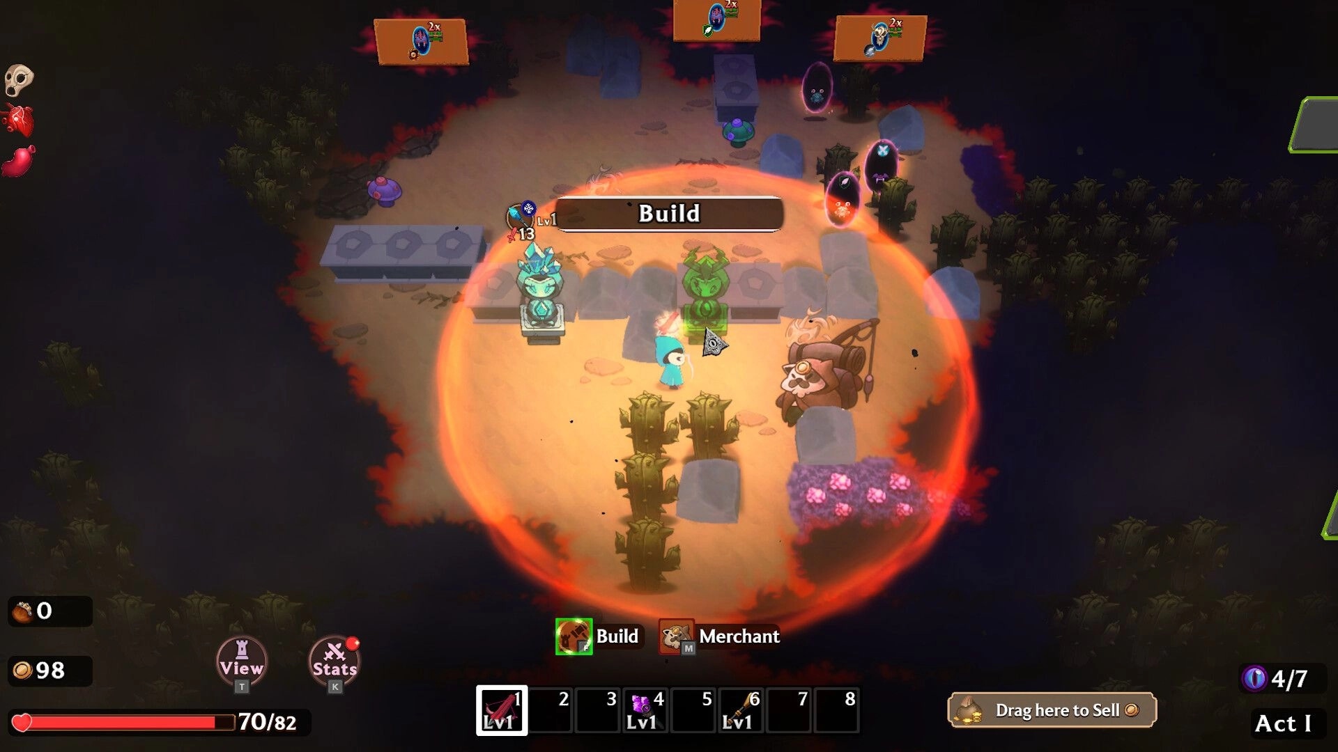 Shadows Must Fall: Player builds towers inside glowing circle, surrounded by shadow creatures in arena.