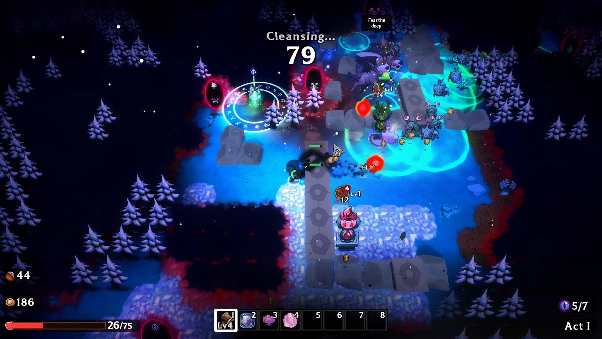 Shadows Must Fall: Tower defense gameplay with shadow creatures in a snowy forest arena, UI visible.
