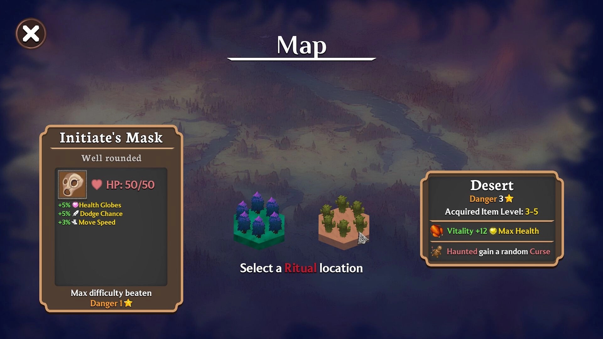 Shadows Must Fall: Map selection screen with Initiate’s Mask stats and desert ritual location options