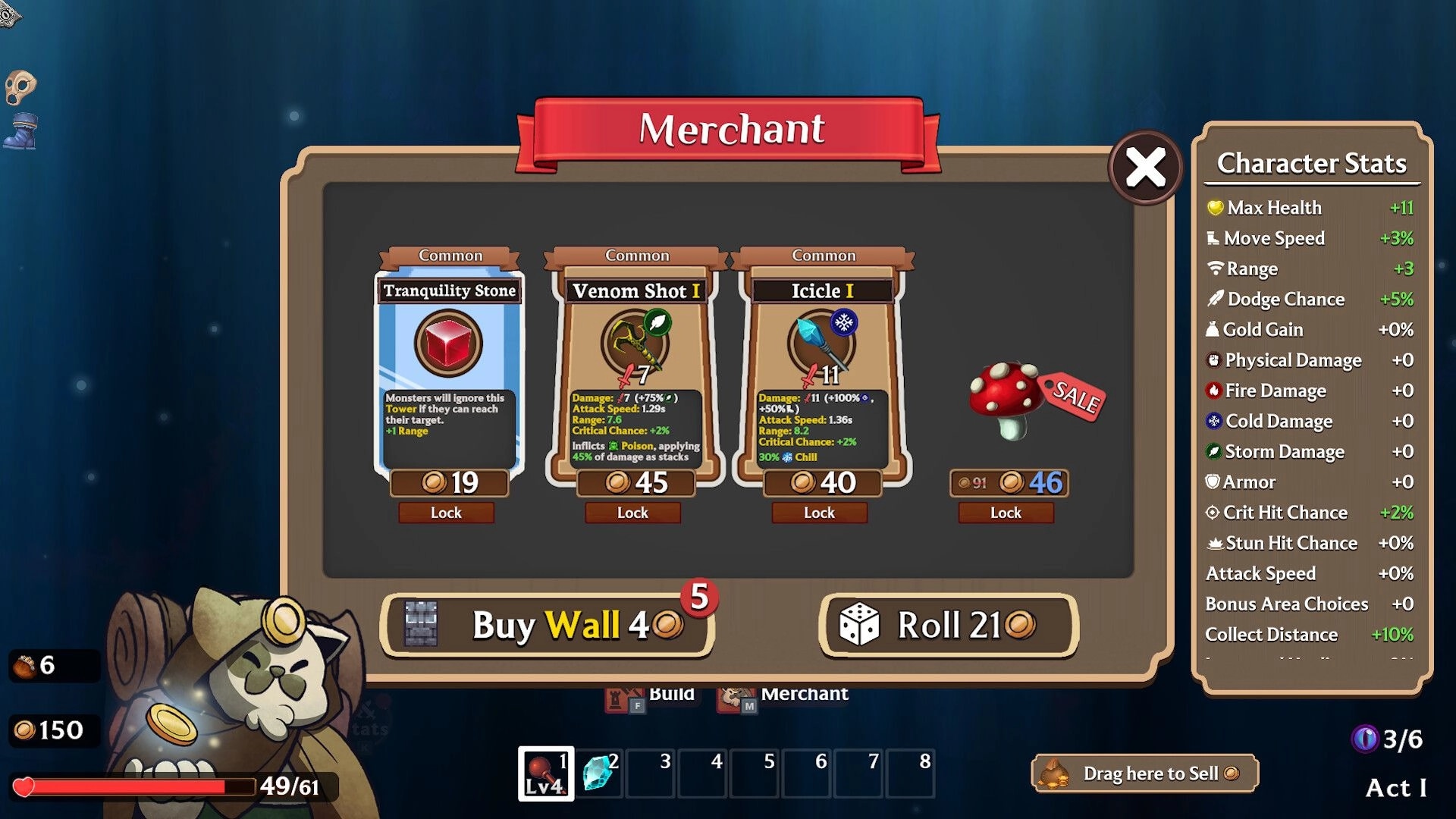 Shadows Must Fall: Merchant screen with item cards and character stats displayed in the interface.